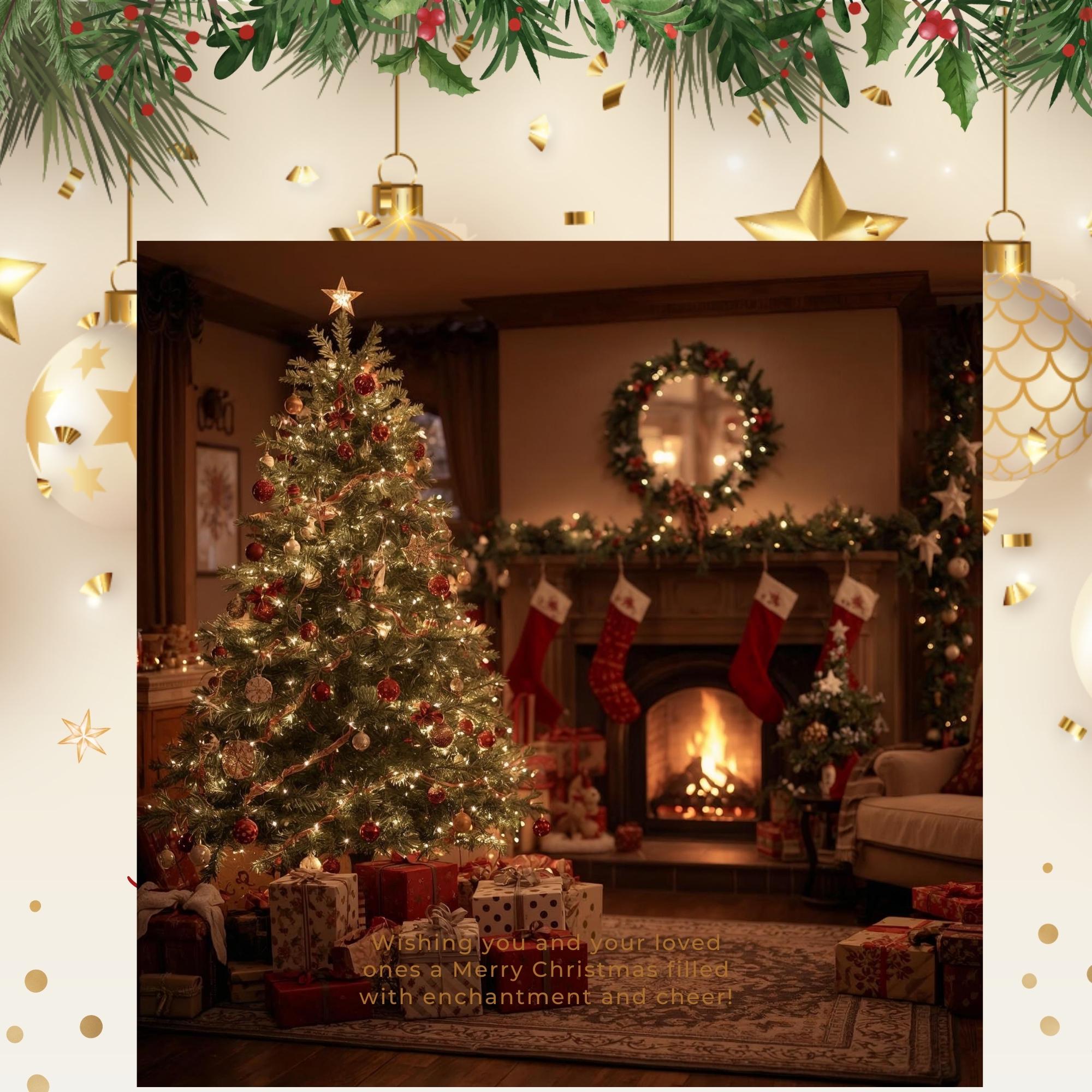 Christmas Tree Decorated Room Wall Art Printable Cozy Holiday Interior Festive Home Scene Digital Download