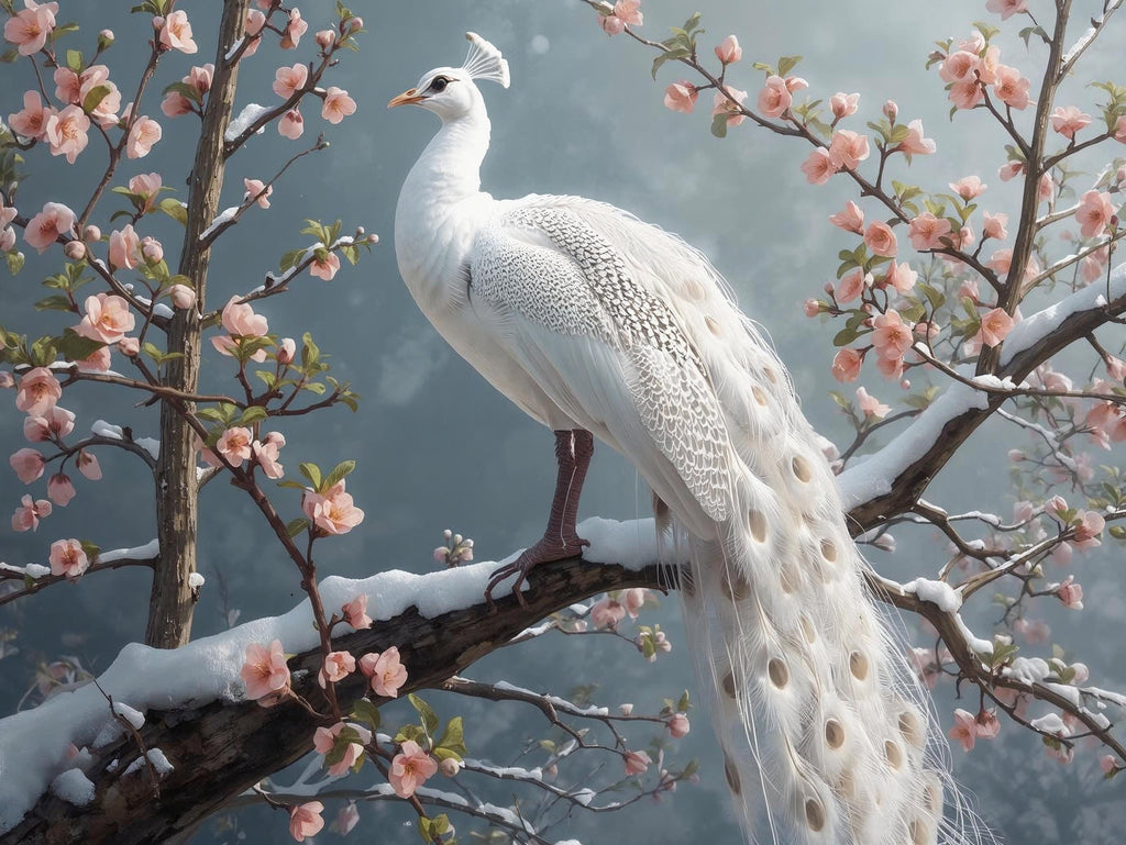 White Peacock in Snow Wall Art Printable Ethereal Winter Wildlife Fantasy Bird Elegant Minimal Nature Decor Digital Download