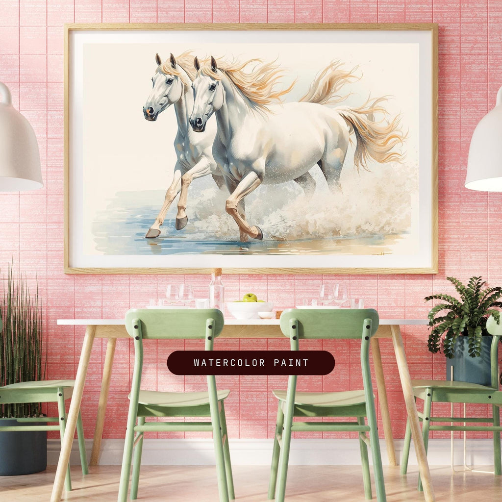 White Horses Wall Art Printable Elegant Wildlife Equestrian Nature Minimalist Animal Decor Digital Download