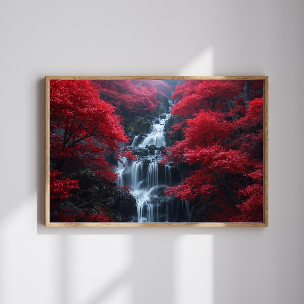 Crimson Trees and Waterfall Wall Art Printable Fantasy Nature Landscape Red Forest Cascading Water Scenic Decor Digital Download