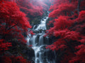 Crimson Trees and Waterfall Wall Art Printable Fantasy Nature Landscape Red Forest Cascading Water Scenic Decor Digital Download