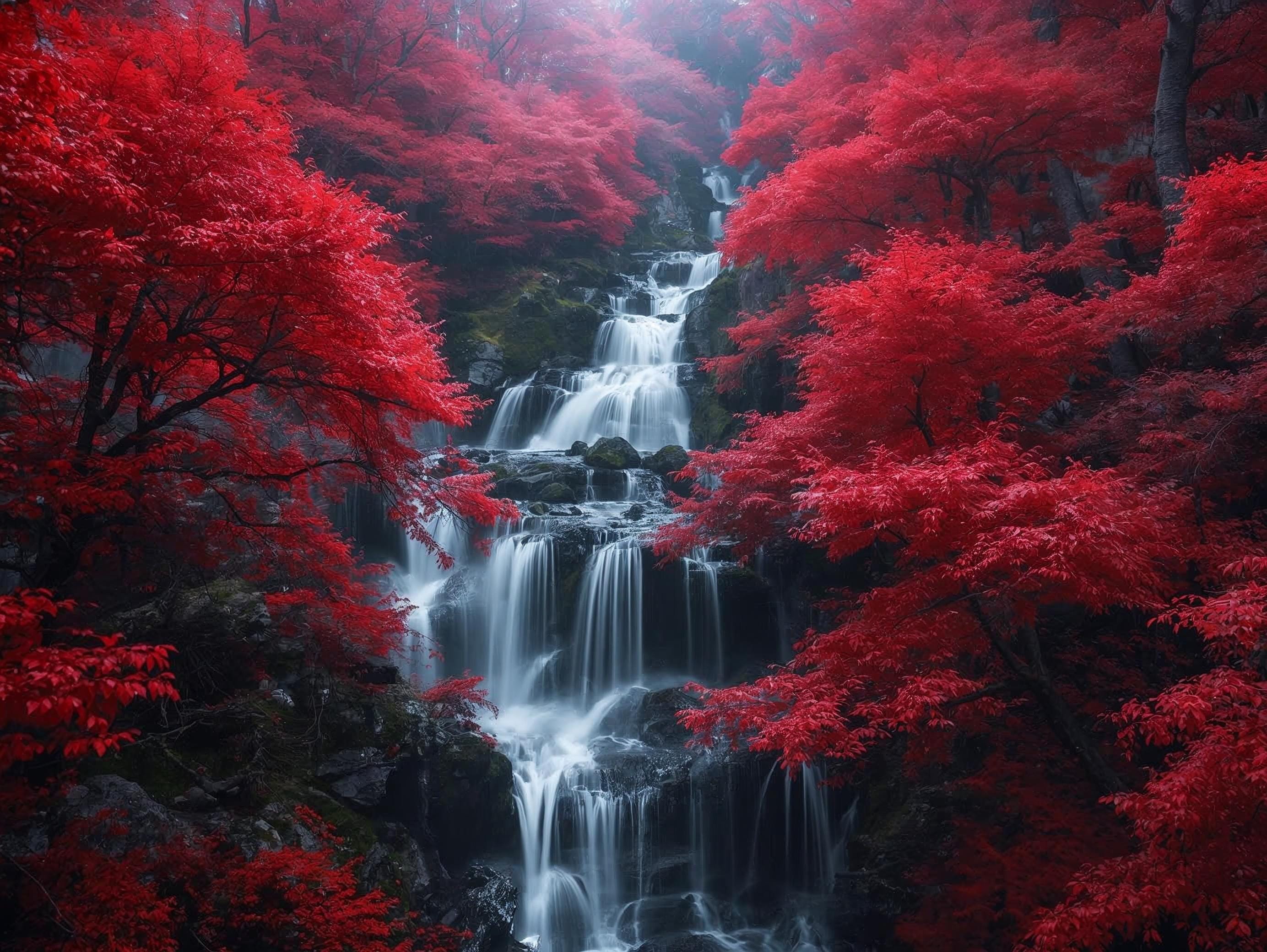 Crimson Trees and Waterfall Wall Art Printable Fantasy Nature Landscape Red Forest Cascading Water Scenic Decor Digital Download