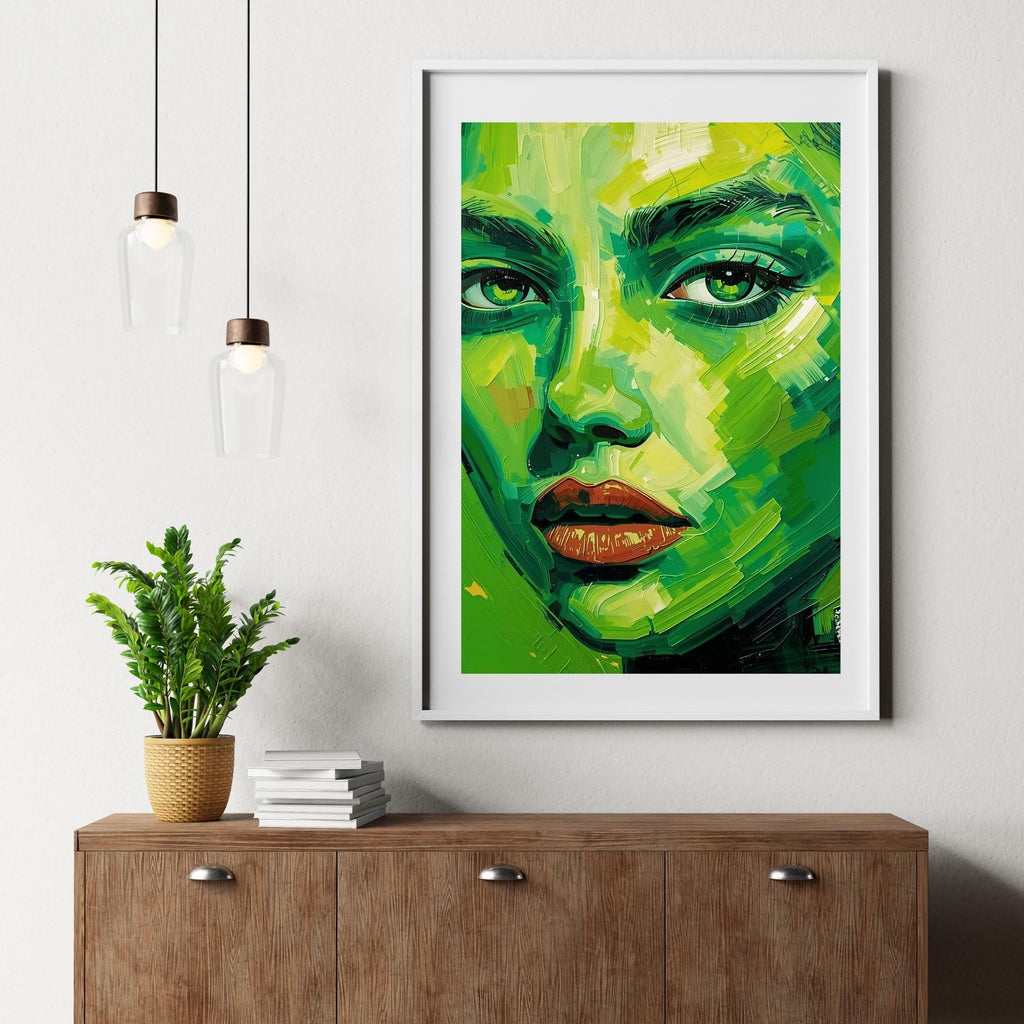 Abstract Neon Green Portrait Wall Art Printable Futuristic Cyberpunk Glow Modern Digital Face Art Bold Contemporary Decor Digital Download
