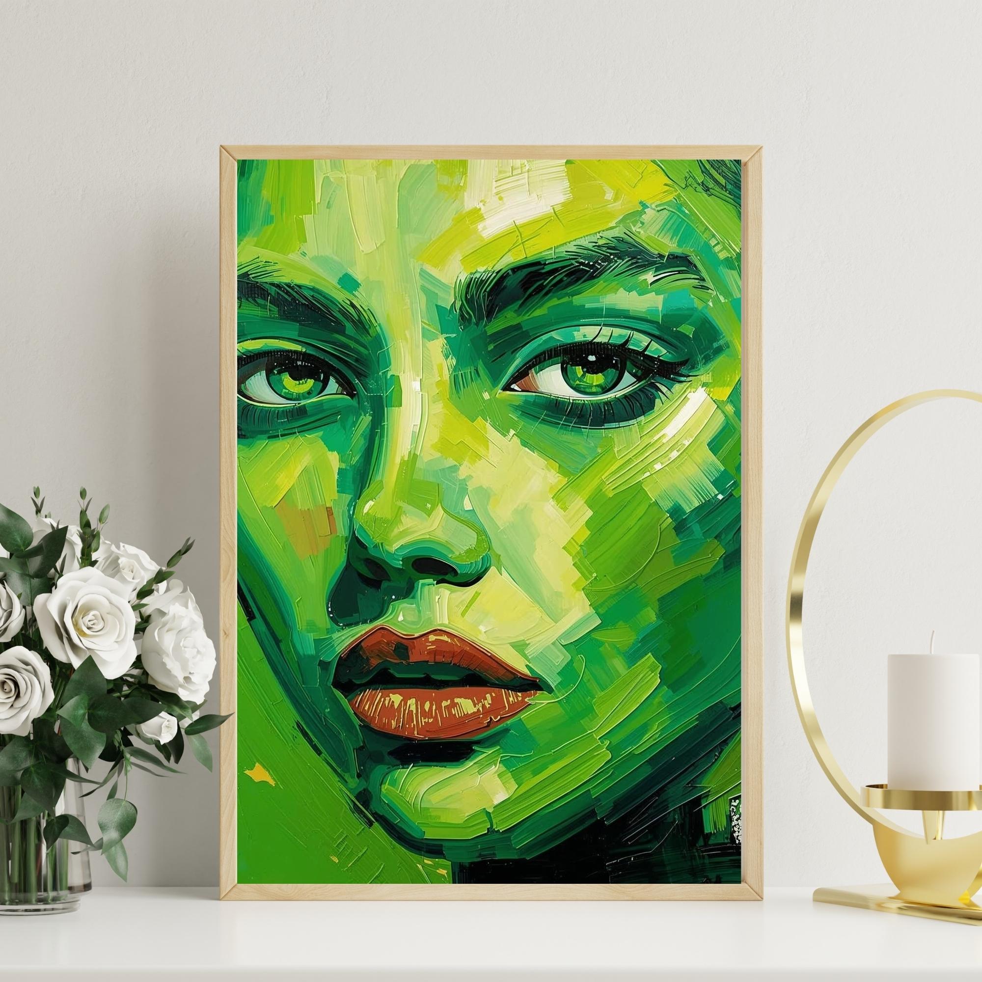 Abstract Neon Green Portrait Wall Art Printable Futuristic Cyberpunk Glow Modern Digital Face Art Bold Contemporary Decor Digital Download