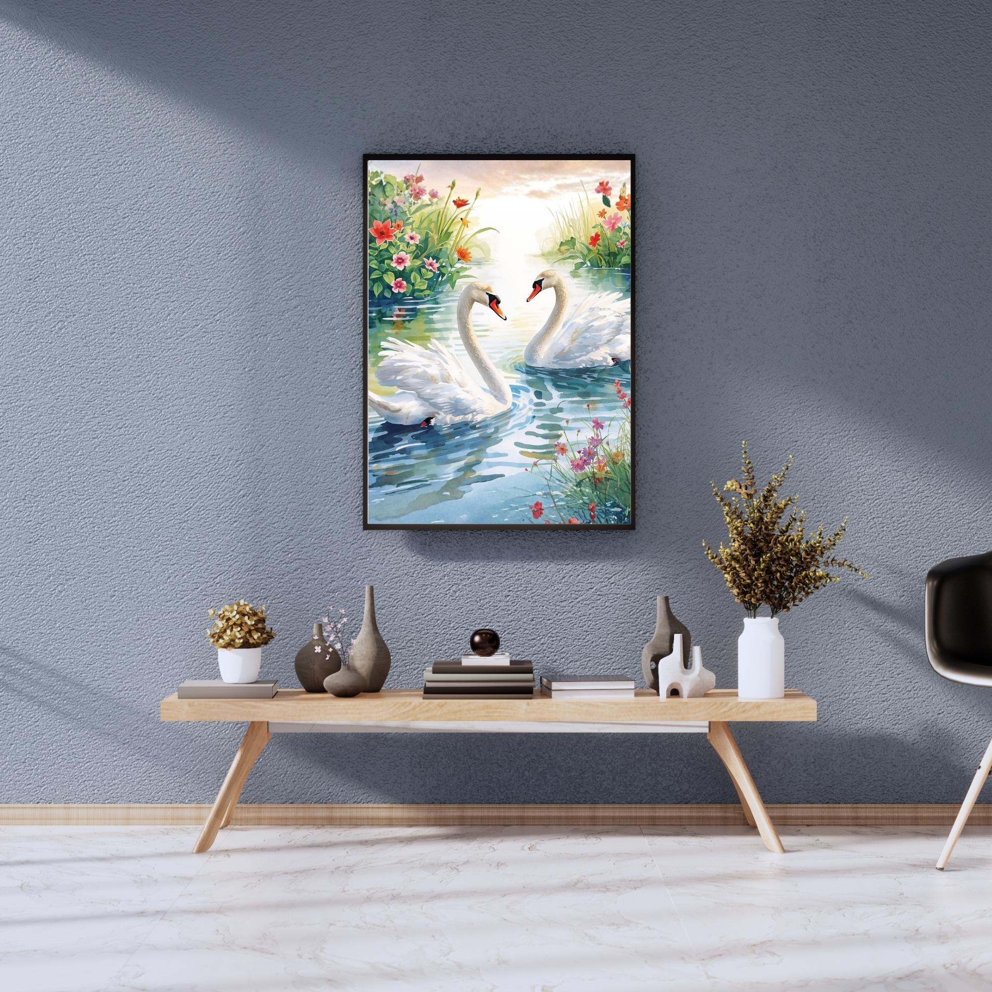 Swans Wall Art Printable Elegant Nature Bird Illustration Romantic Lake Wildlife Minimalist Home Decor Digital Download
