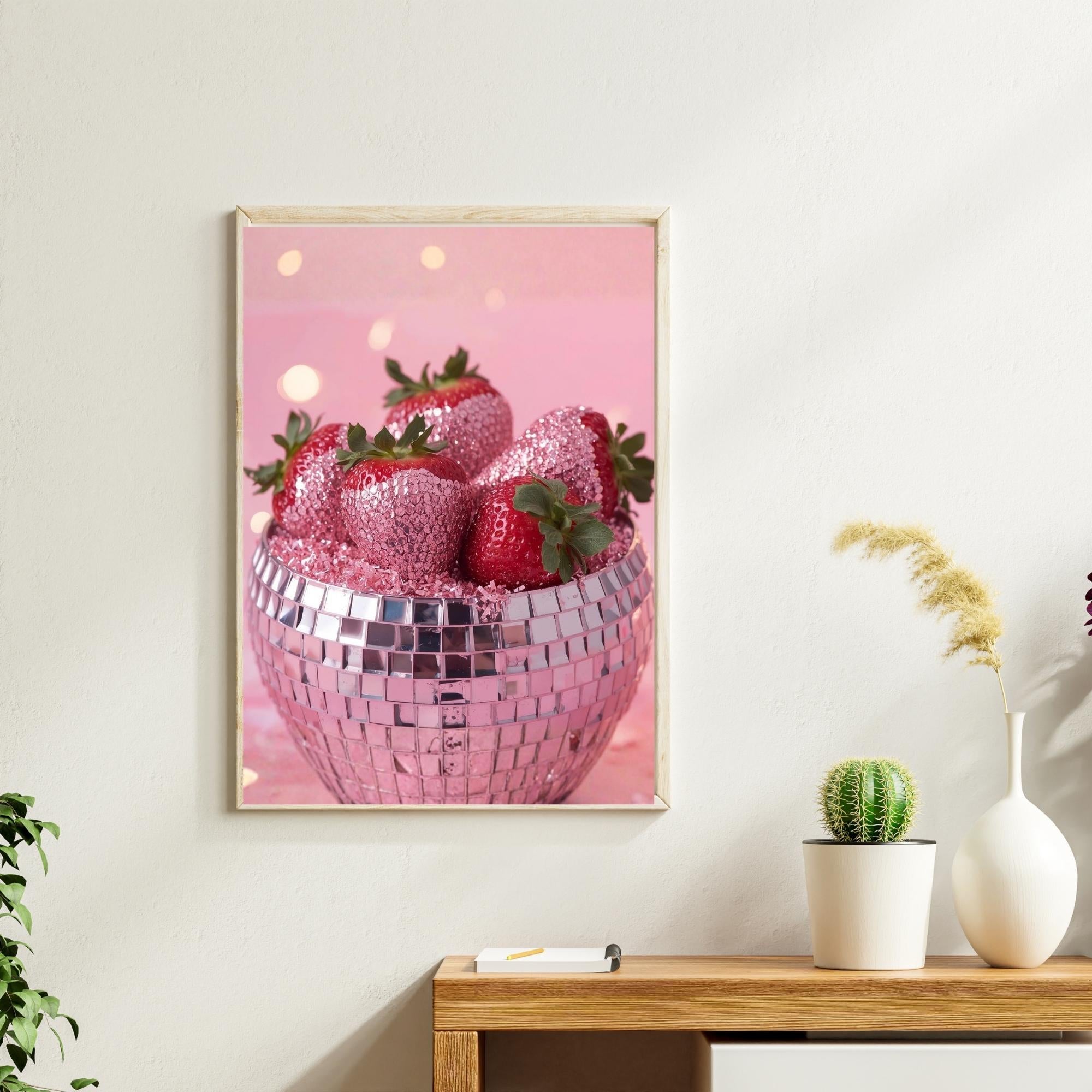 Disco Strawberry Pop Art Wall Art Printable Funky Retro Fruit Illustration Vibrant Party Aesthetic Modern Digital Download