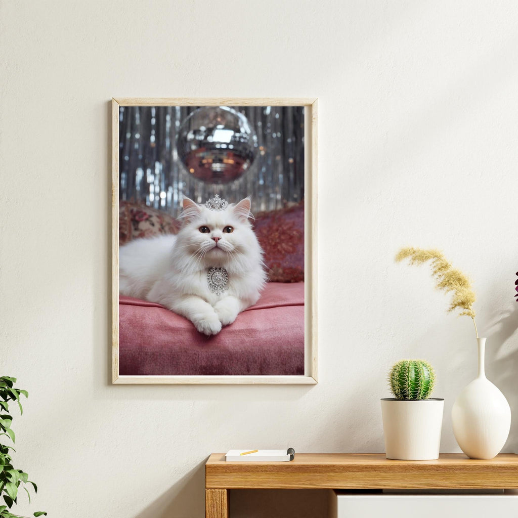 Cat with Tiara Wall Art Printable Cute Royal Pet Portrait Whimsical Animal Illustration Modern Funny Decor Digital Download