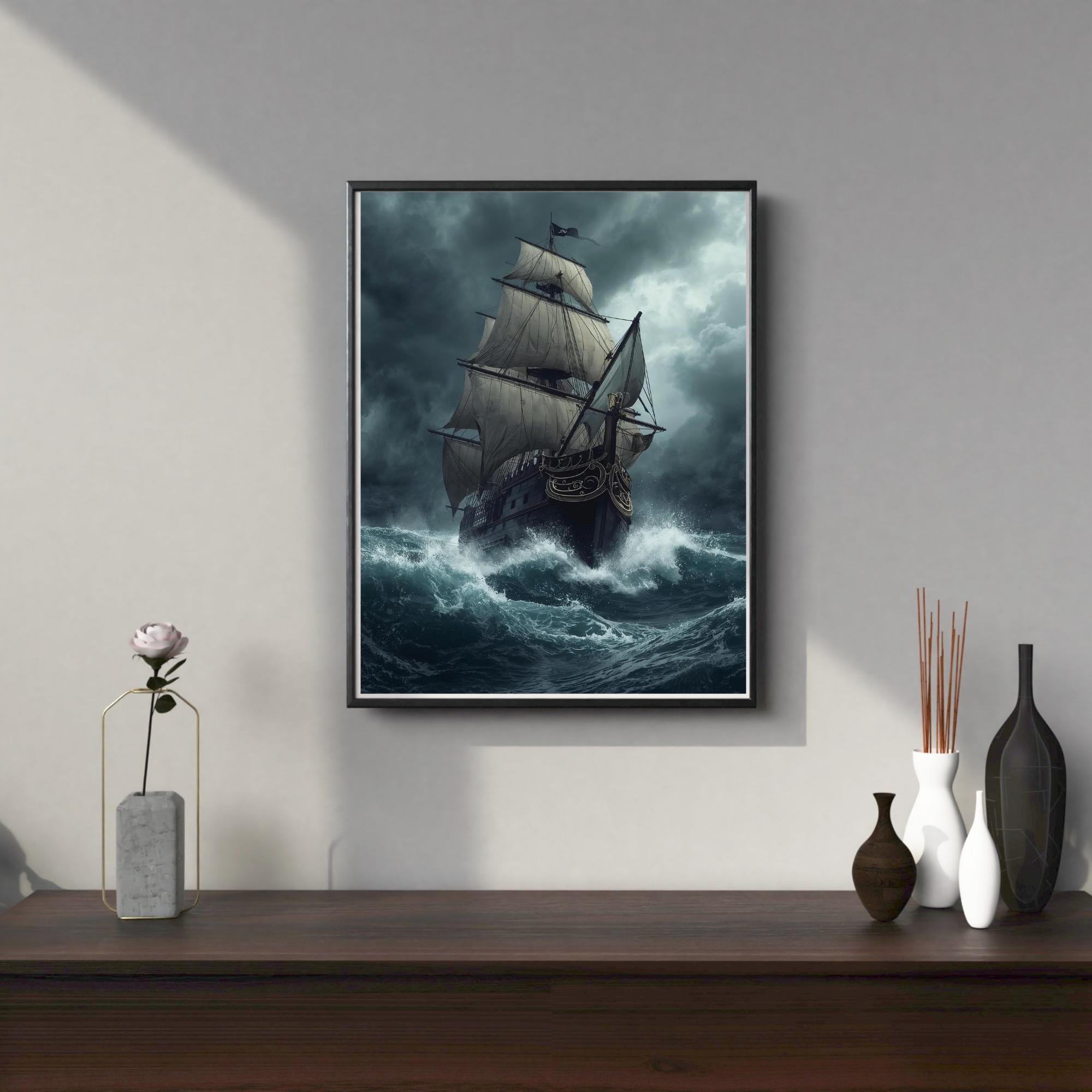 Vintage Pirate Ship Wall Art Printable Nautical Maritime Illustration Antique Sailing Boat Sea Adventure Decor Digital Download