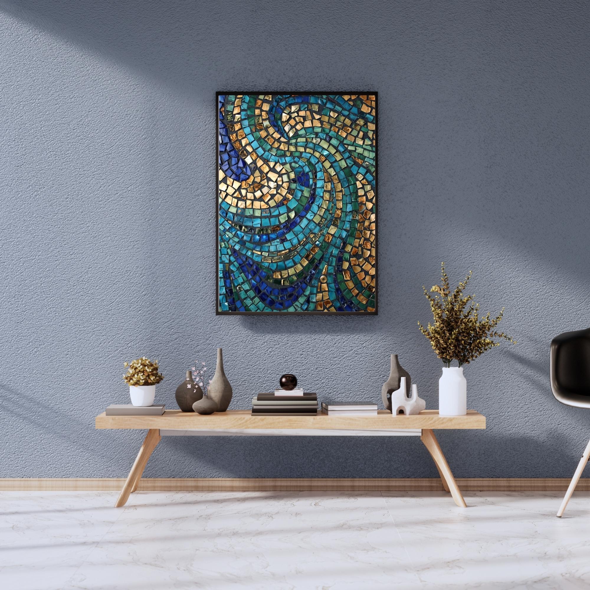 Blue Mosaic Art Wall Print Printable Vintage Tile Pattern Abstract Geometric Islamic Inspired Decorative Digital Download Home Decor