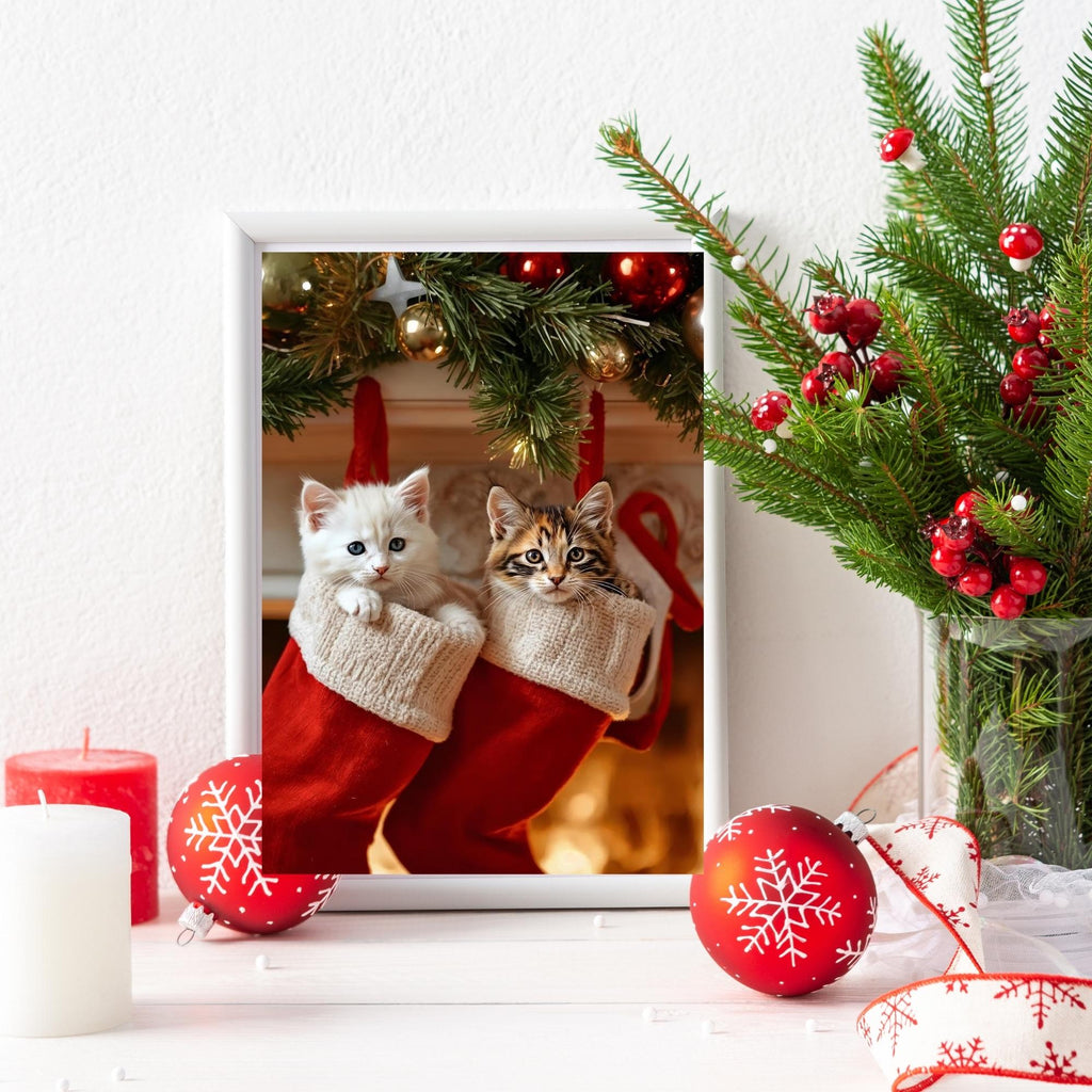 Kittens in Christmas Stockings Wall Art Printable Cute Holiday Cat Illustration Festive Winter Nursery Decor Digital Download