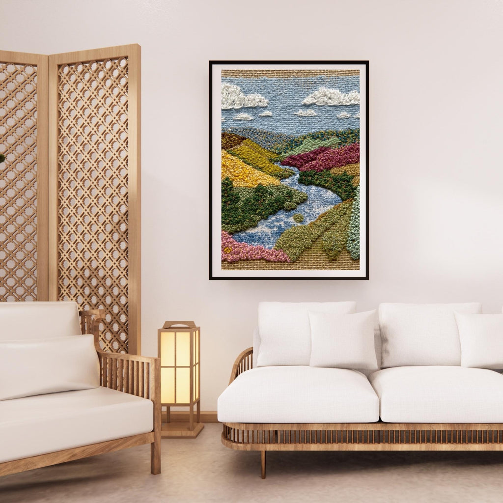 Vibrant Cross Stitch Landscape Wall Art Printable Colorful Embroidery Style Nature Scene Pattern Art Digital Download Home Decor