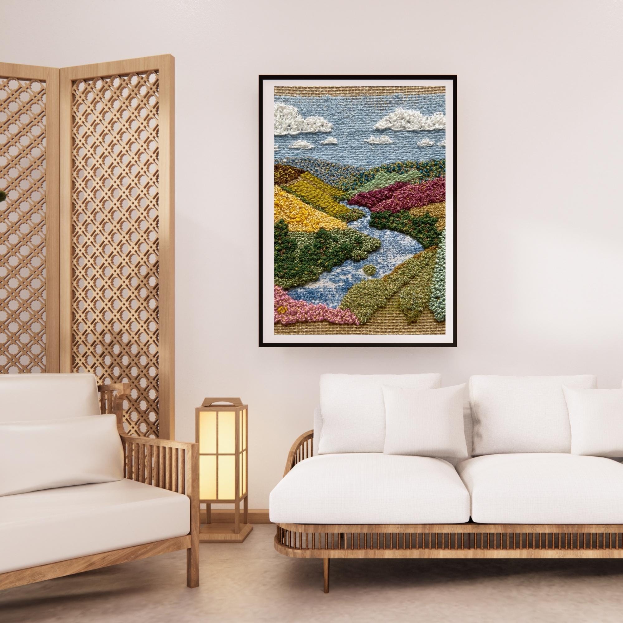 Vibrant Cross Stitch Landscape Wall Art Printable Colorful Embroidery Style Nature Scene Pattern Art Digital Download Home Decor
