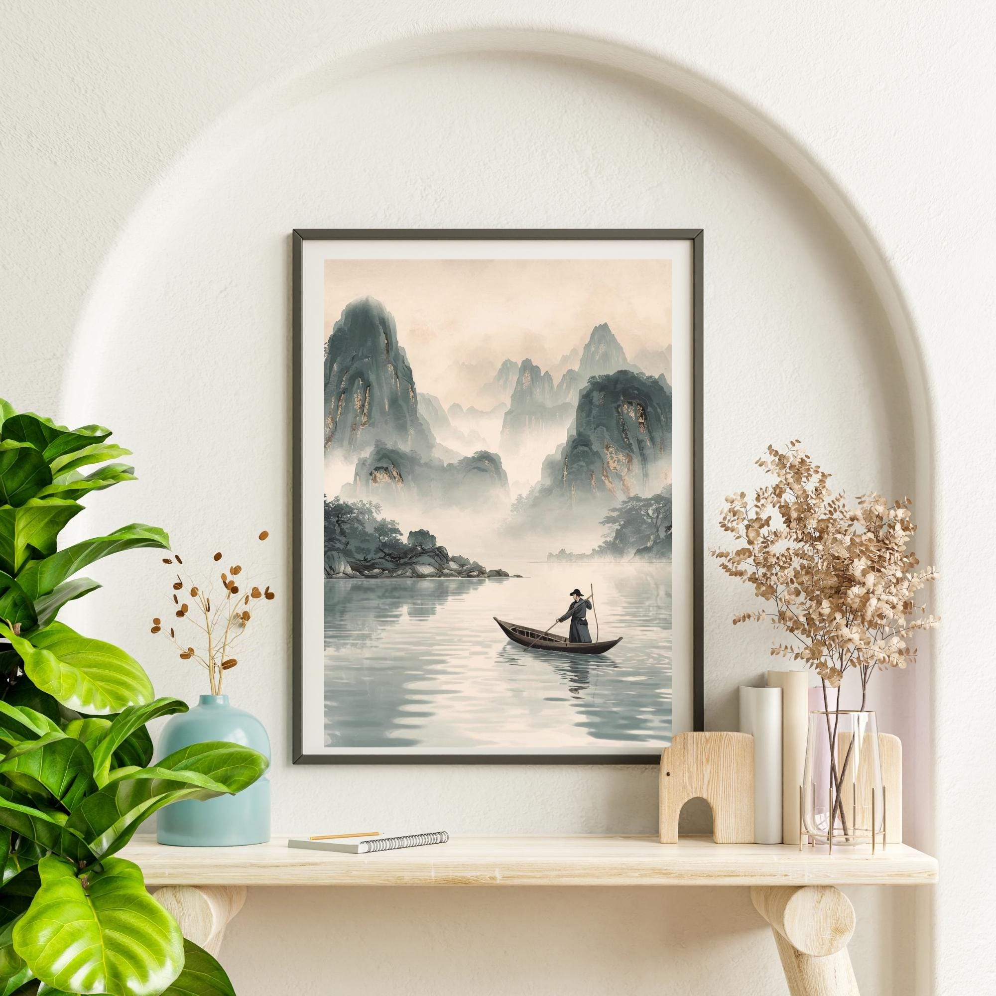 China Landscapes Wall Art Printable Traditional Asian Scenery Mountain River Nature Travel Illustration Digital Download