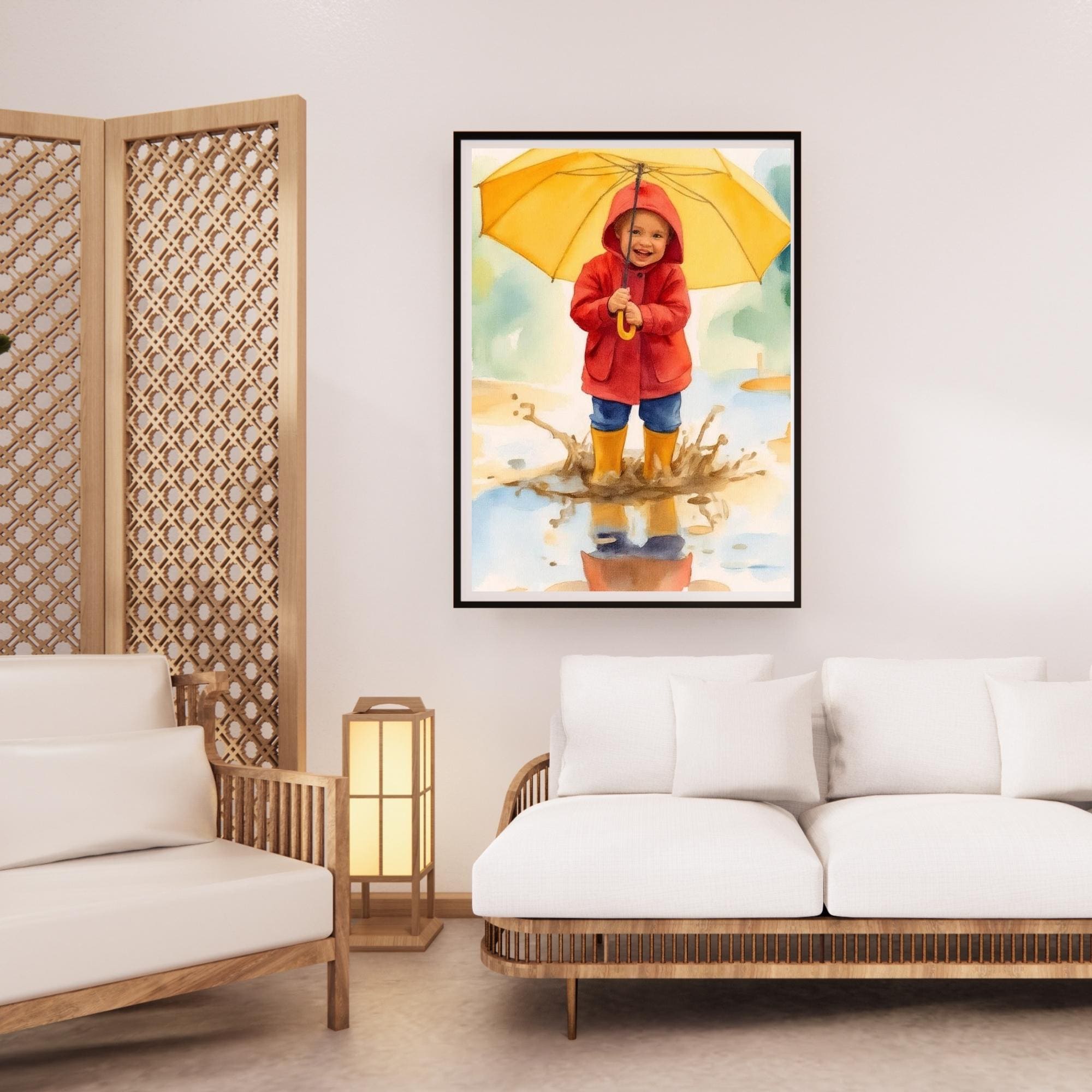 Child in Rain Raincoat Umbrella Wall Art Printable Watercolor Illustration Cute Rainy Day Kids Art Nursery Decor Digital Download