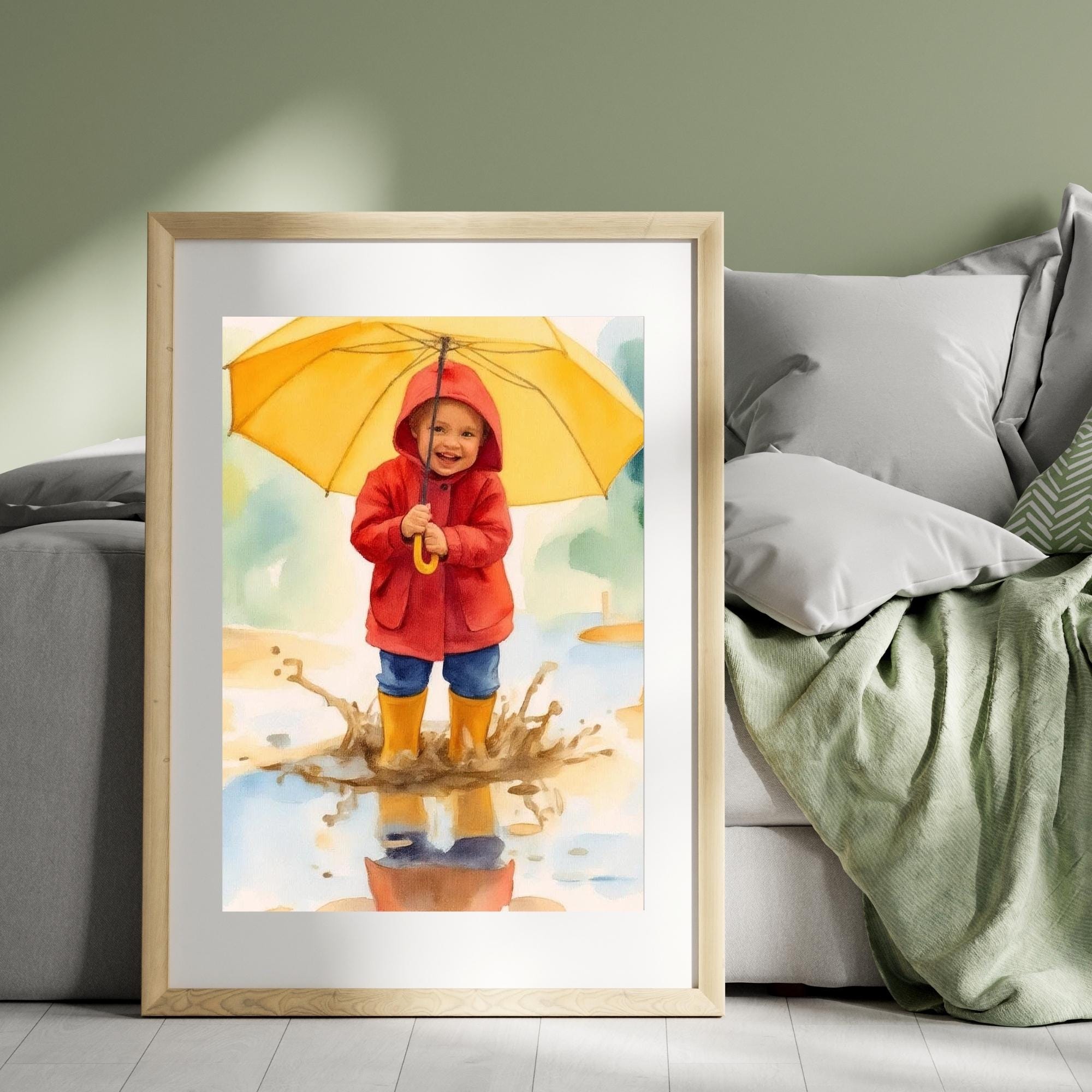 Child in Rain Raincoat Umbrella Wall Art Printable Watercolor Illustration Cute Rainy Day Kids Art Nursery Decor Digital Download