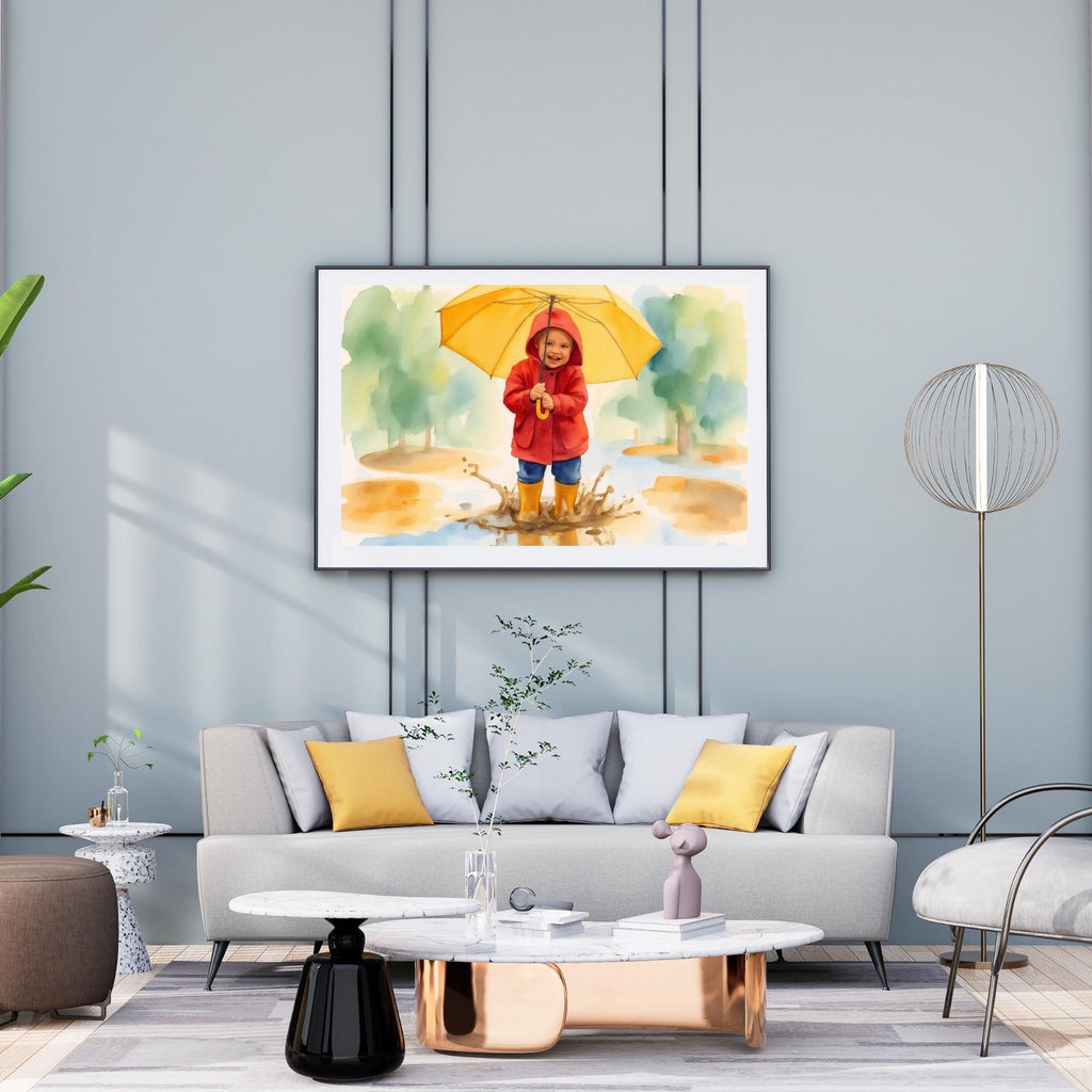 Child in Rain Raincoat Umbrella Wall Art Printable Watercolor Illustration Cute Rainy Day Kids Art Nursery Decor Digital Download