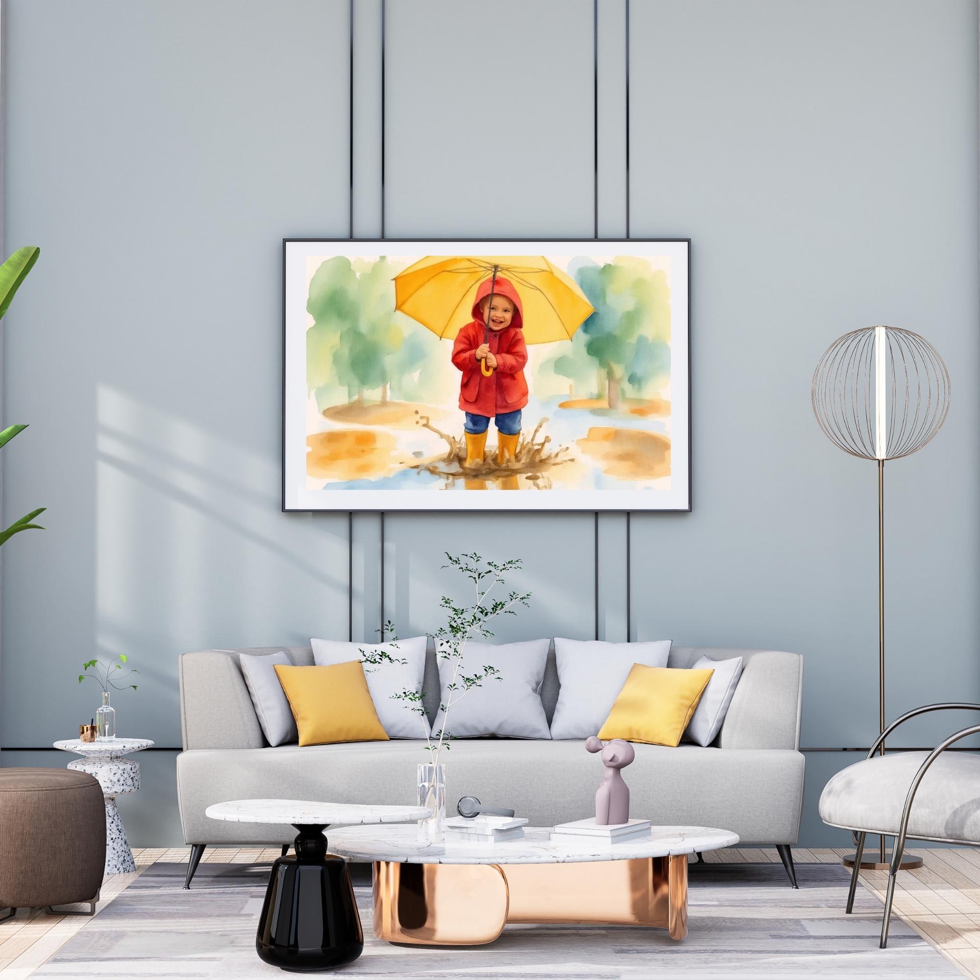 Child in Rain Raincoat Umbrella Wall Art Printable Watercolor Illustration Cute Rainy Day Kids Art Nursery Decor Digital Download