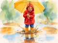 Child in Rain Raincoat Umbrella Wall Art Printable Watercolor Illustration Cute Rainy Day Kids Art Nursery Decor Digital Download