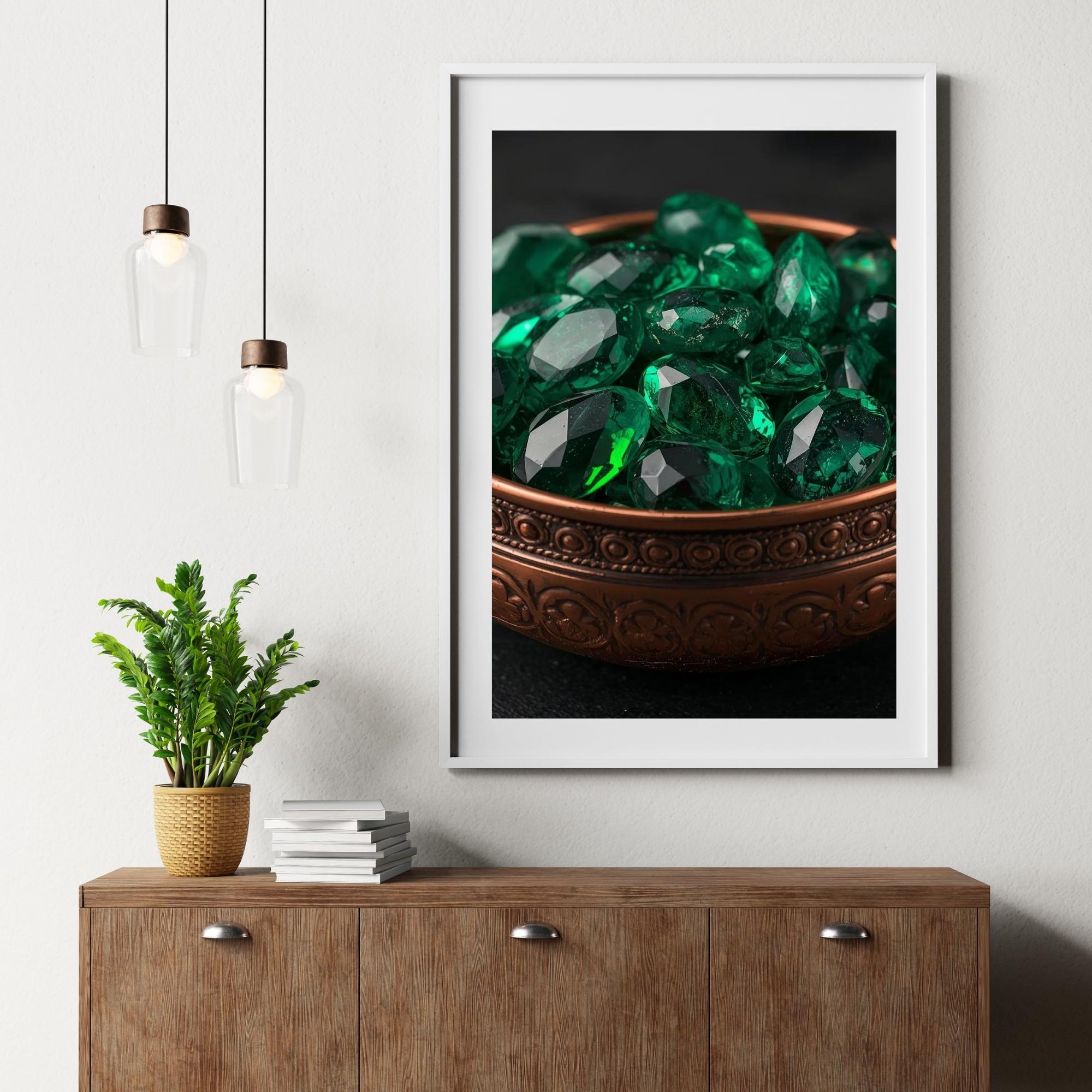Emeralds in Antique Copper Bowl Wall Art Printable Luxury Still Life Jewel Tone Vintage Elegance Digital Download Home Decor