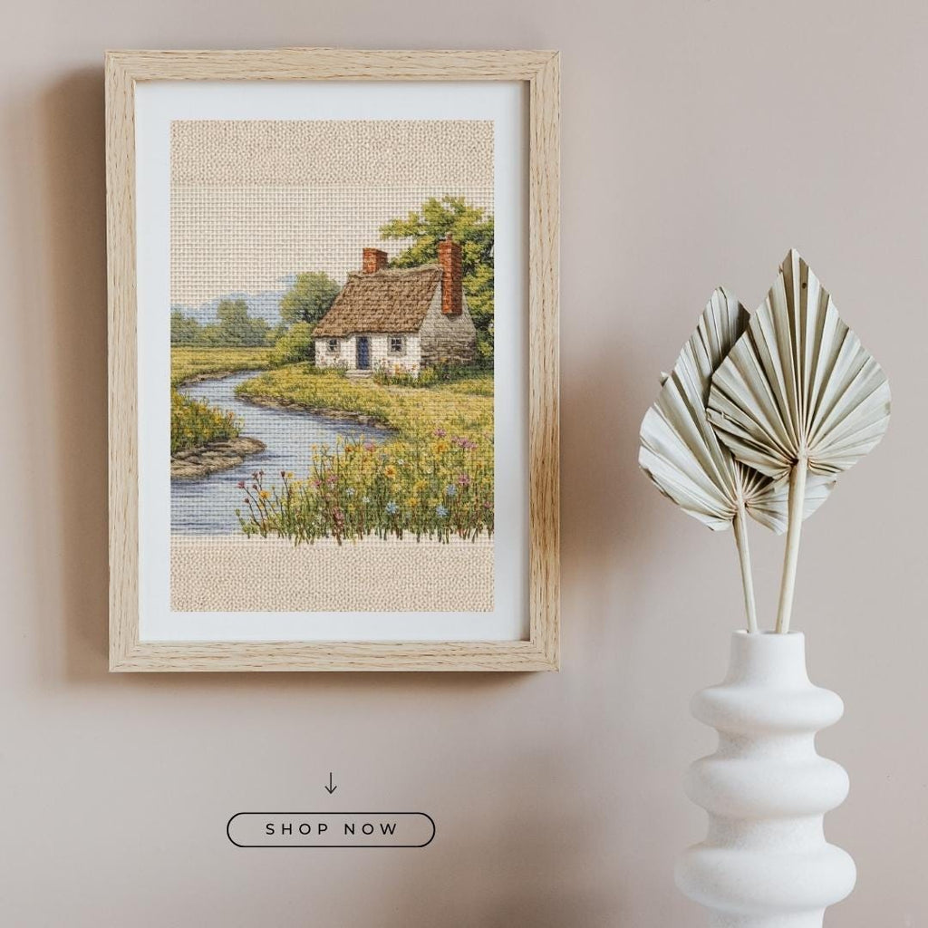 Cross Stitch Style House by Lake Wall Art Printable Cottage Lakehouse Pattern Art Rustic Embroidery Aesthetic Digital Download