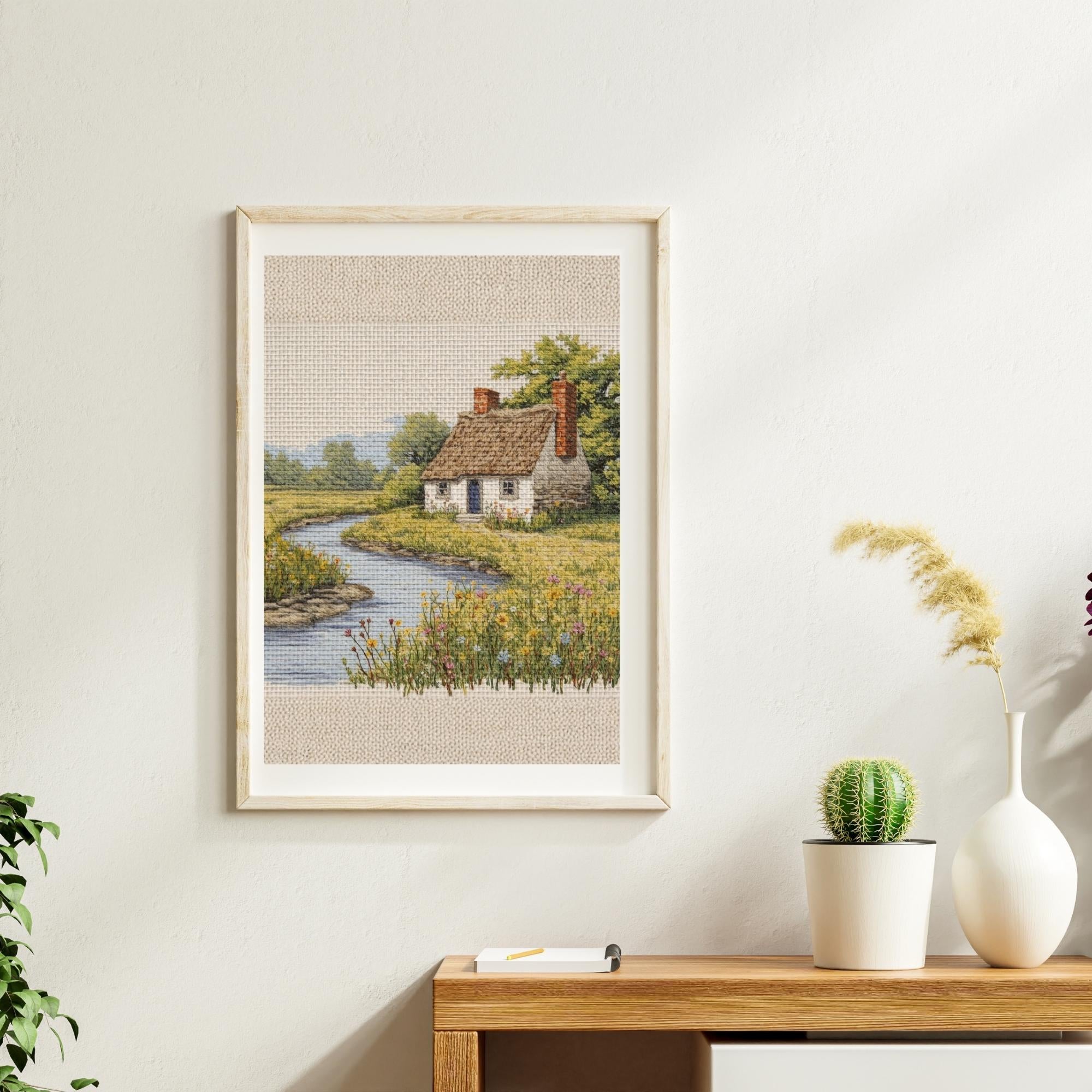 Cross Stitch Style House by Lake Wall Art Printable Cottage Lakehouse Pattern Art Rustic Embroidery Aesthetic Digital Download
