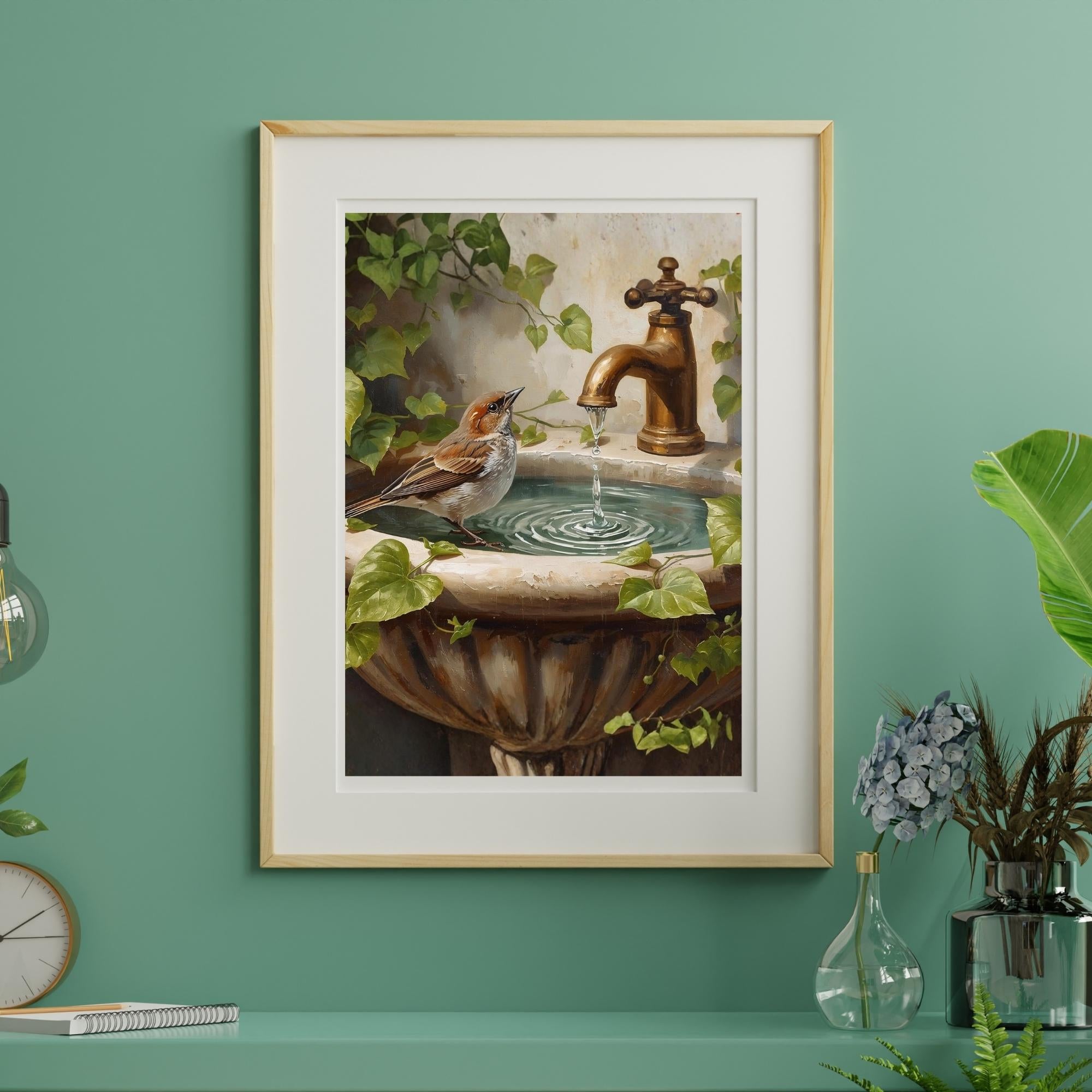 Sparrow on Vintage Sink Wall Art Printable Rustic Bird Still Life Cottagecore Nature Aesthetic Digital Download