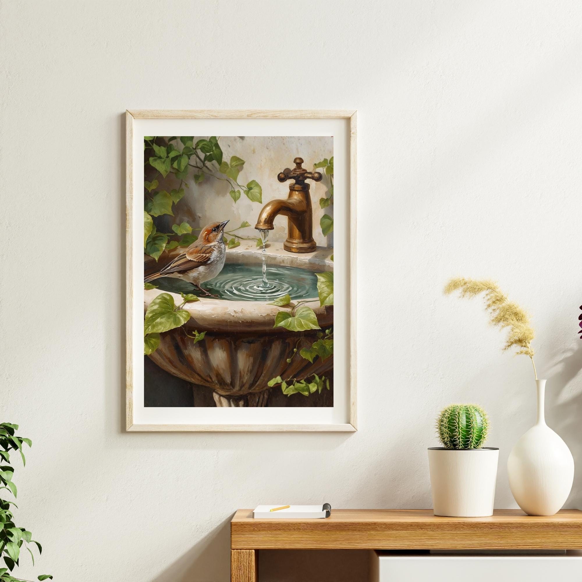 Sparrow on Vintage Sink Wall Art Printable Rustic Bird Still Life Cottagecore Nature Aesthetic Digital Download