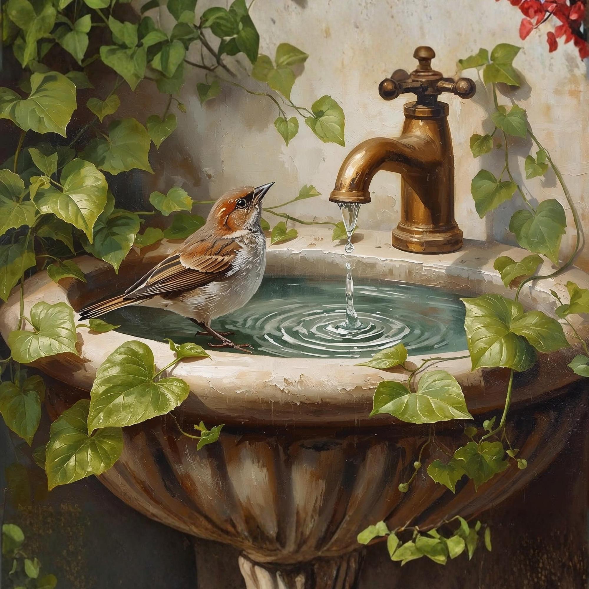 Sparrow on Vintage Sink Wall Art Printable Rustic Bird Still Life Cottagecore Nature Aesthetic Digital Download