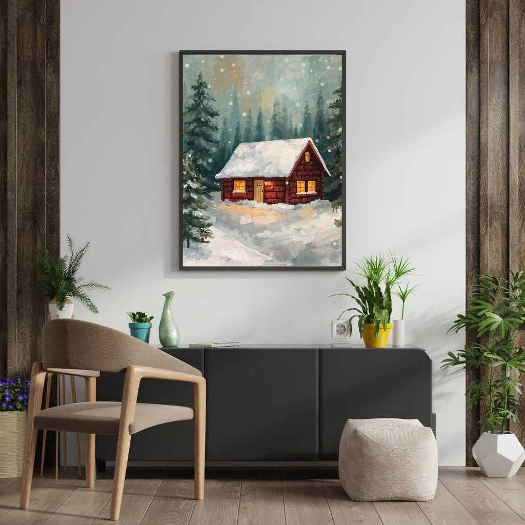 Winter Cabin Snowy Forest Scene Wall Art Printable Christmas Landscape Cozy Rustic Holiday Decor Digital Download