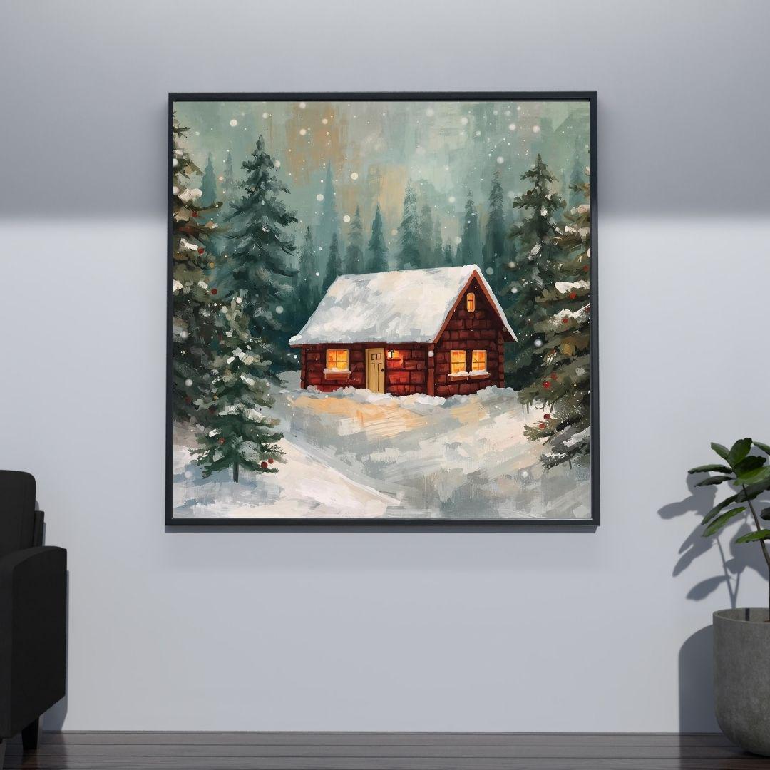 Winter Cabin Snowy Forest Scene Wall Art Printable Christmas Landscape Cozy Rustic Holiday Decor Digital Download