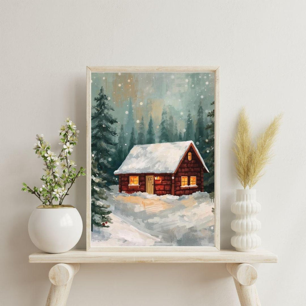 Winter Cabin Snowy Forest Scene Wall Art Printable Christmas Landscape Cozy Rustic Holiday Decor Digital Download