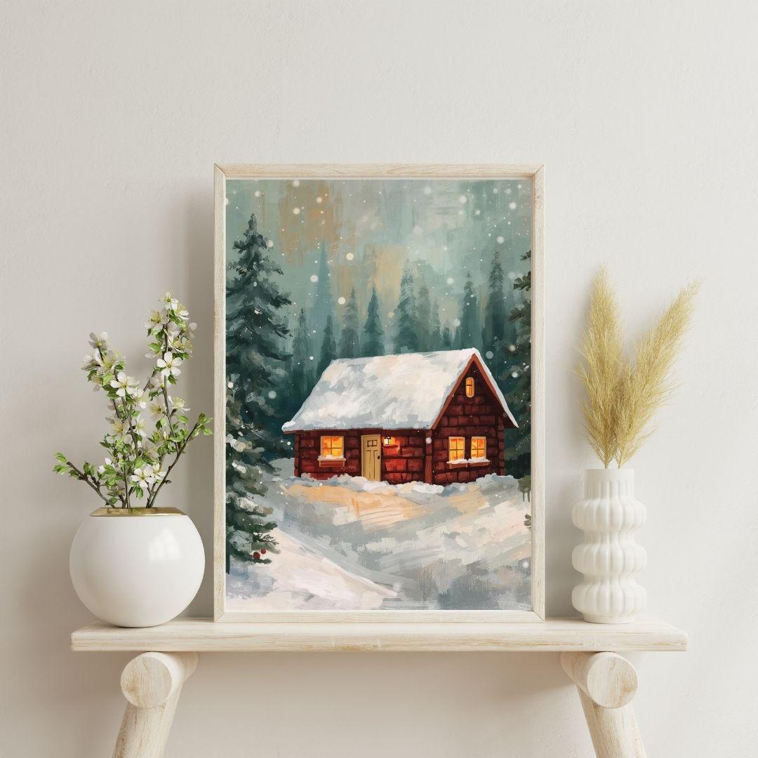 Winter Cabin Snowy Forest Scene Wall Art Printable Christmas Landscape Cozy Rustic Holiday Decor Digital Download