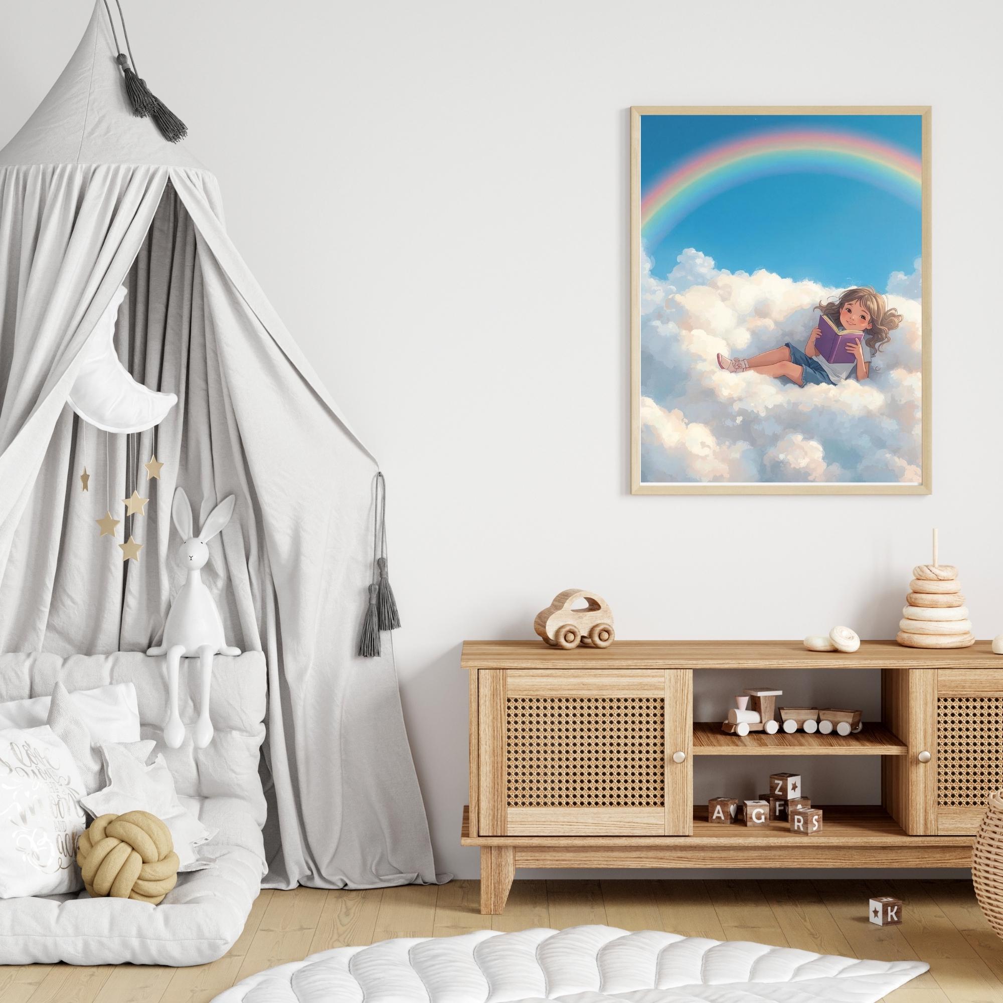 Fantasy Girl Reading Book in Clouds Wall Art Printable Dreamy Sky Illustration Whimsical Storybook Aesthetic Digital Download