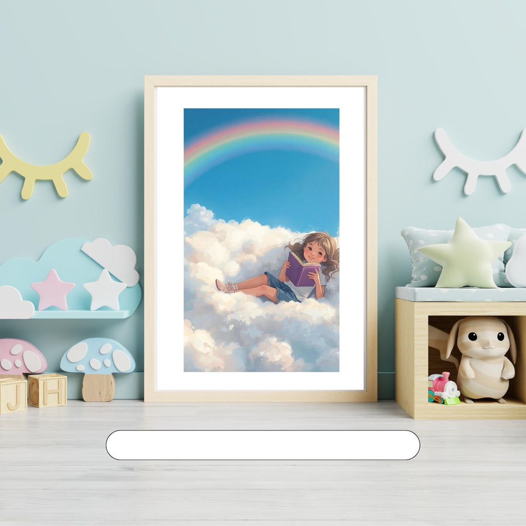 Fantasy Girl Reading Book in Clouds Wall Art Printable Dreamy Sky Illustration Whimsical Storybook Aesthetic Digital Download