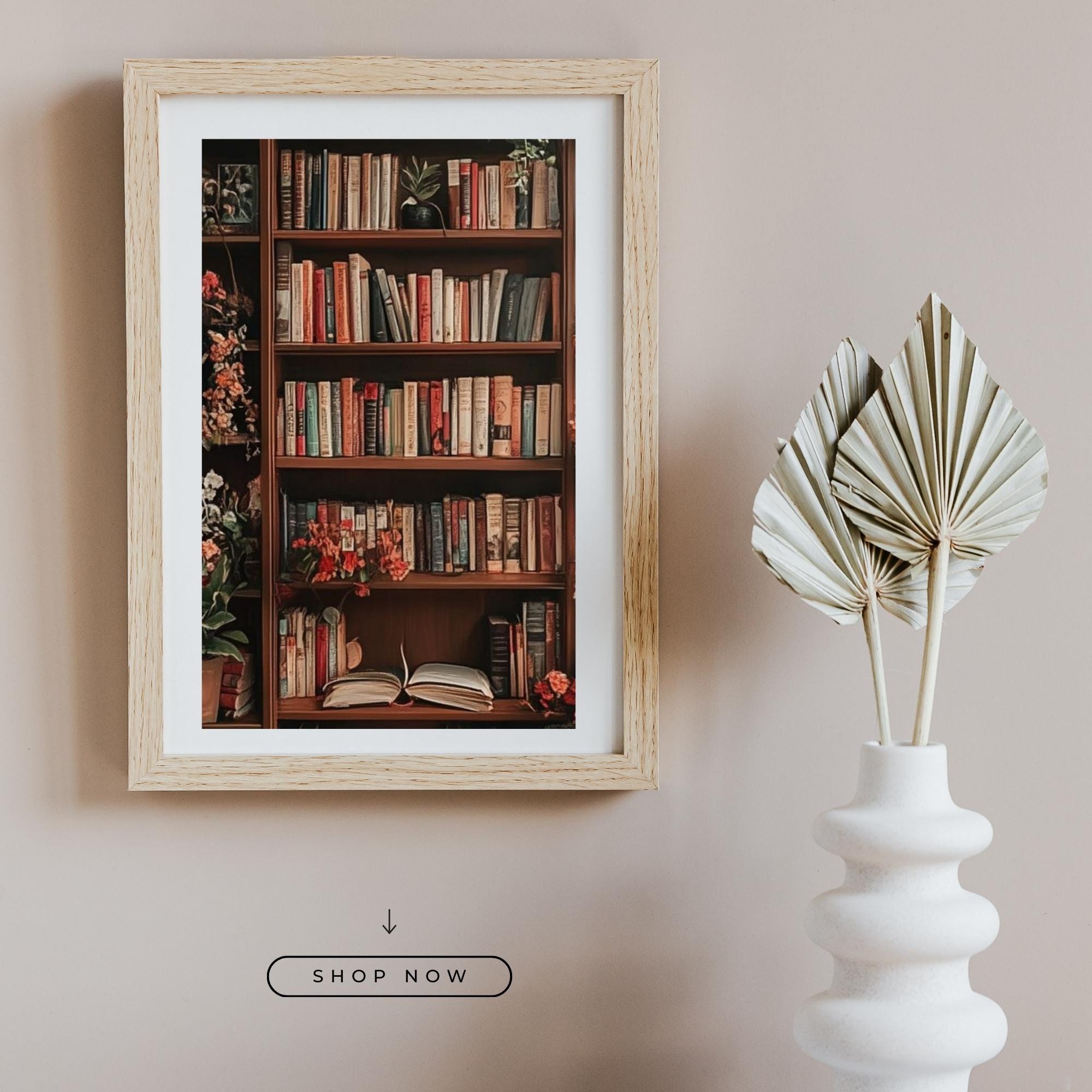 Bookshelf Wall Art Printable Cozy Library Interior Vintage Bookcase Illustration Reading Room Decor Digital Download