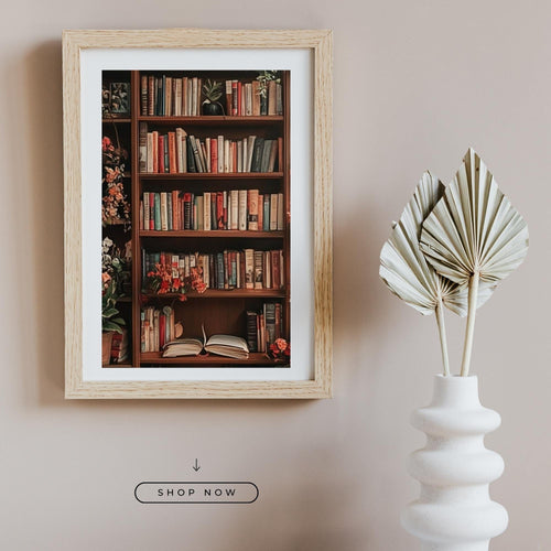 Bookshelf Wall Art Printable Cozy Library Interior Vintage Bookcase Illustration Reading Room Decor Digital Download