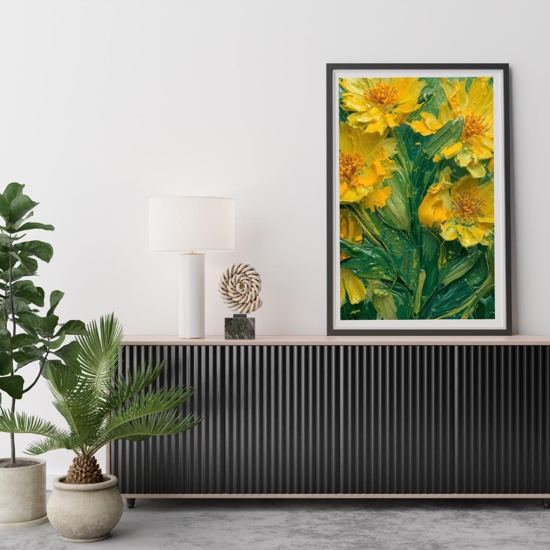 Mimosa Flowers Oil Painting Wall Art Printable Vibrant Yellow Floral Textured Impressionist Botanical Decor Digital Download