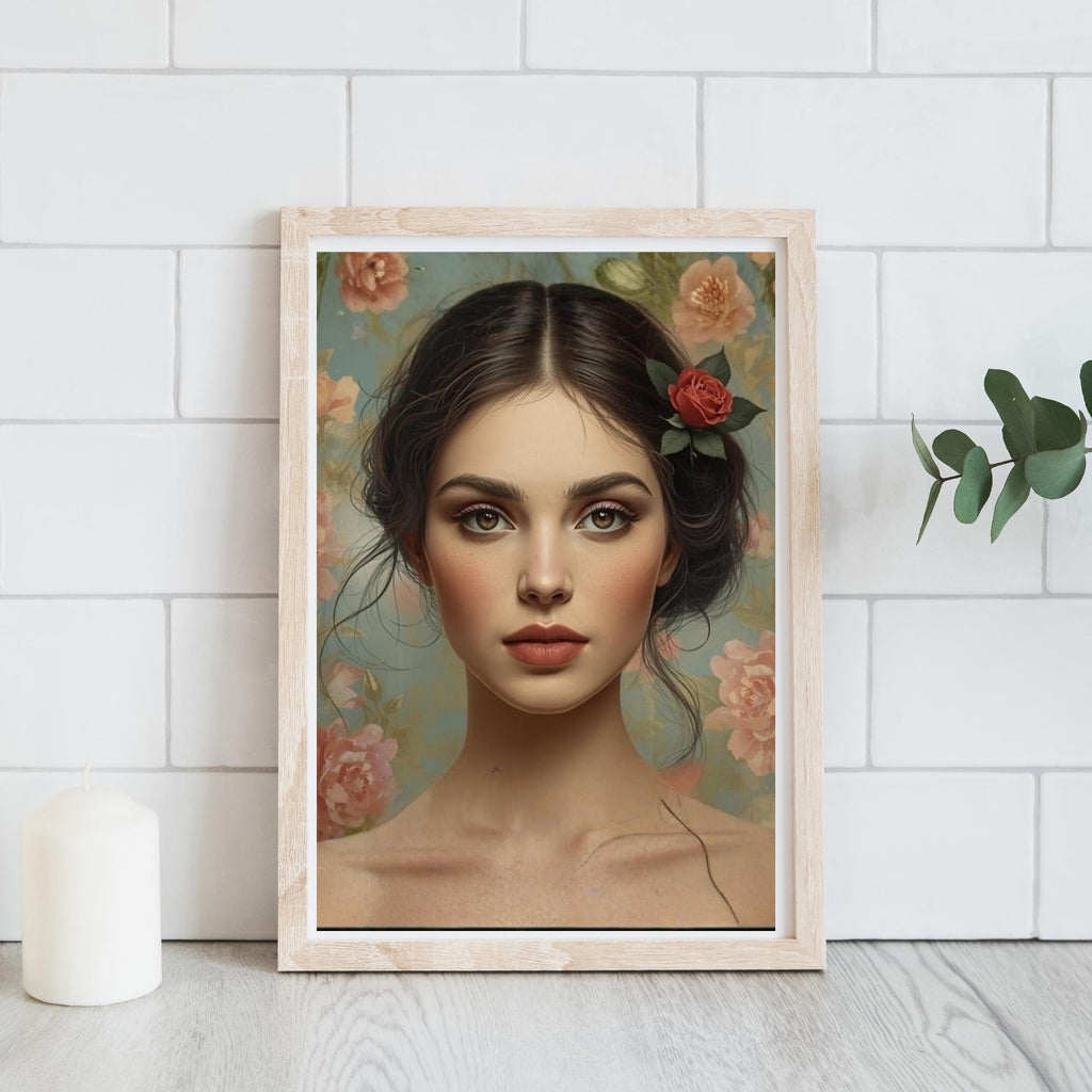 Girl Portrait with Flowers in Hair Wall Art Printable Floral Background Botanical Aesthetic Feminine Home Decor Digital Download