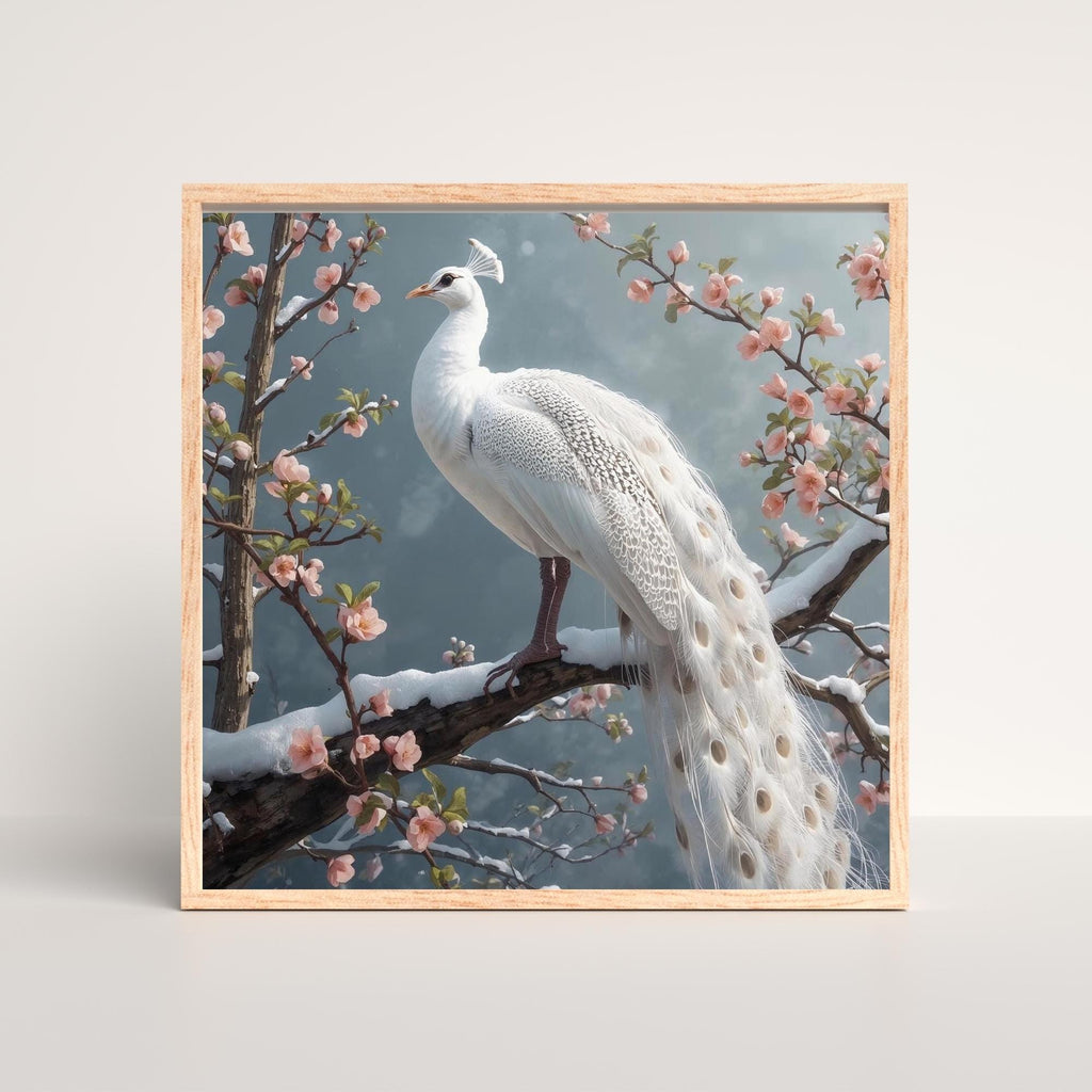 White Peacock in Snow Wall Art Printable Ethereal Winter Wildlife Fantasy Bird Elegant Minimal Nature Decor Digital Download