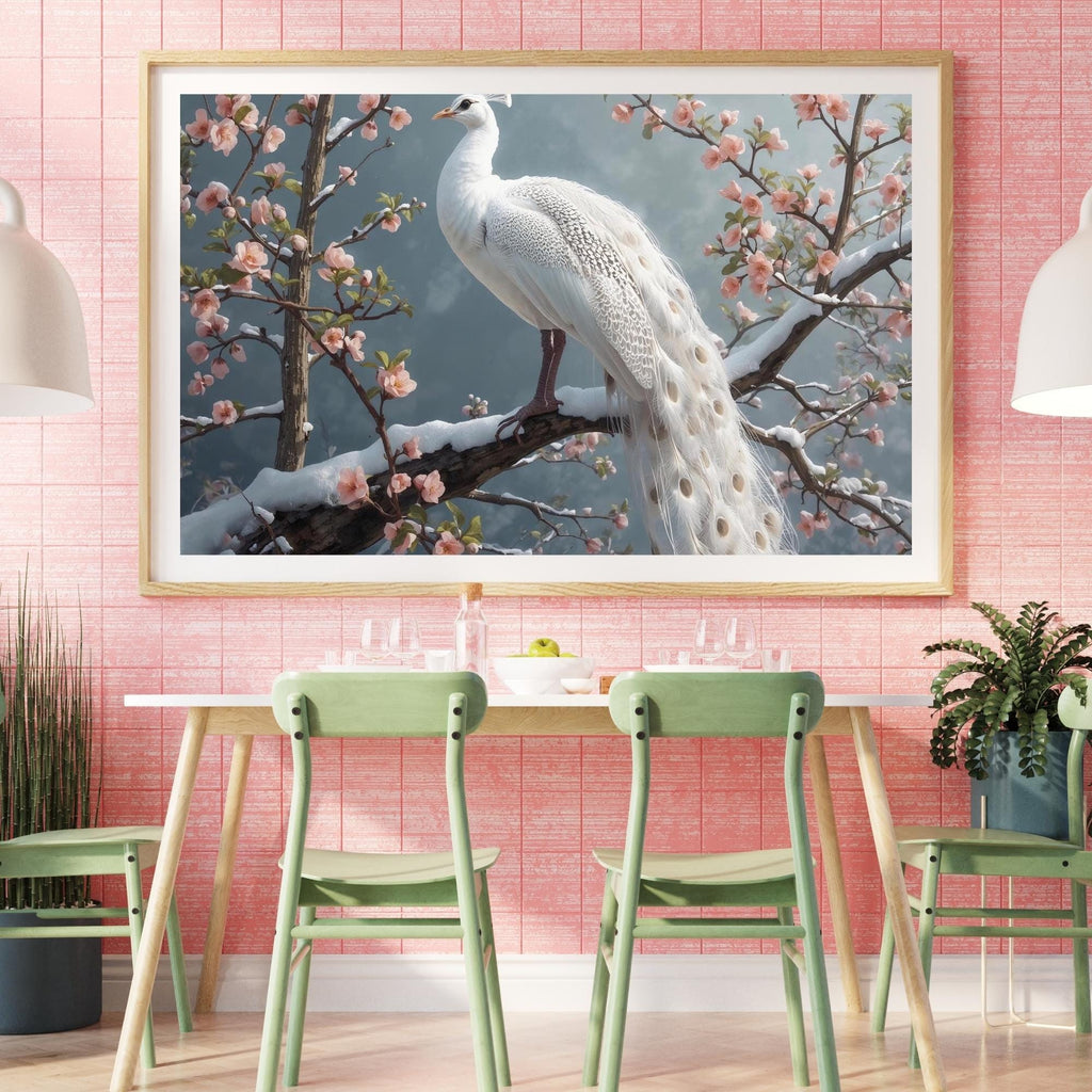 White Peacock in Snow Wall Art Printable Ethereal Winter Wildlife Fantasy Bird Elegant Minimal Nature Decor Digital Download