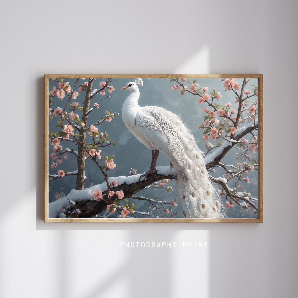 White Peacock in Snow Wall Art Printable Ethereal Winter Wildlife Fantasy Bird Elegant Minimal Nature Decor Digital Download