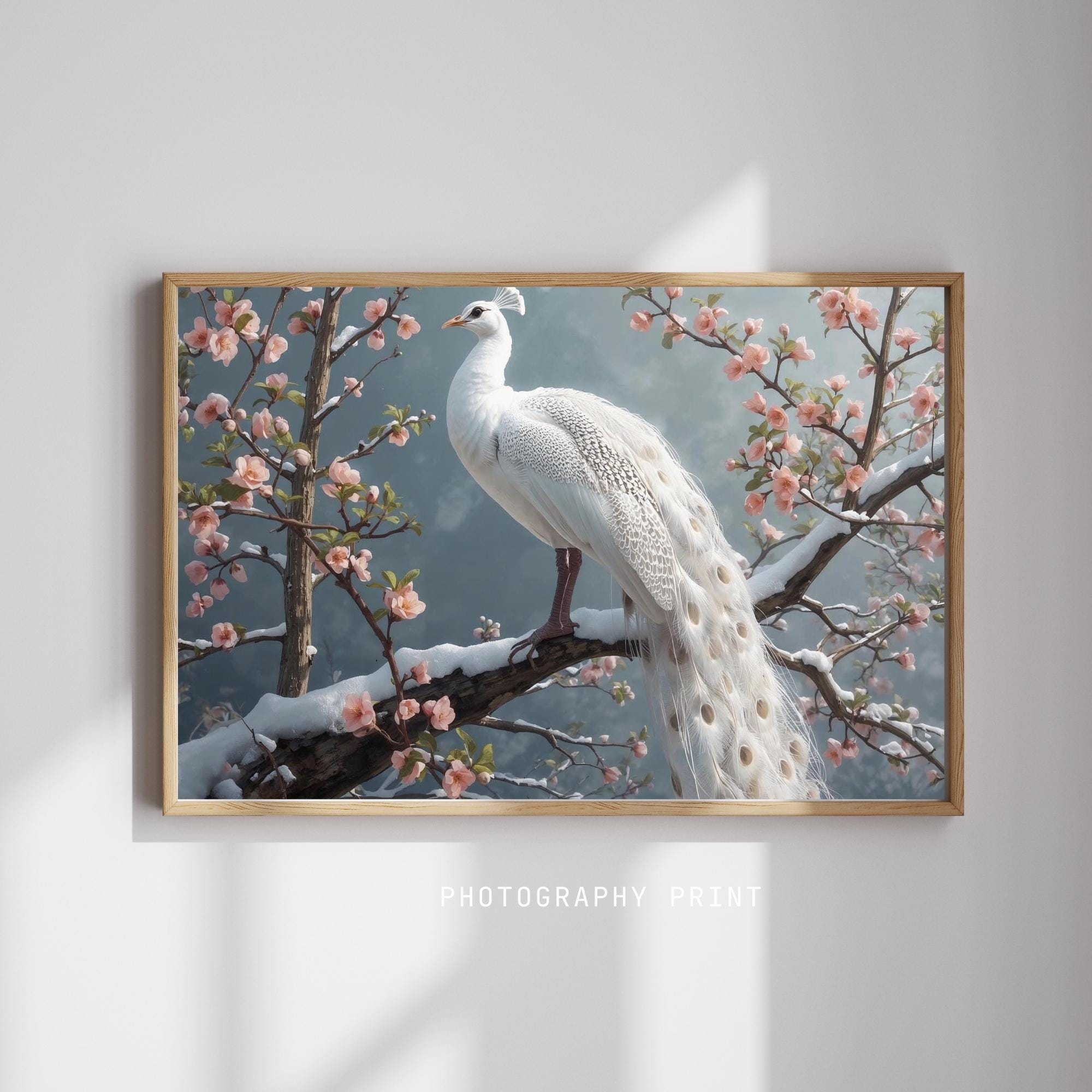 White Peacock in Snow Wall Art Printable Ethereal Winter Wildlife Fantasy Bird Elegant Minimal Nature Decor Digital Download