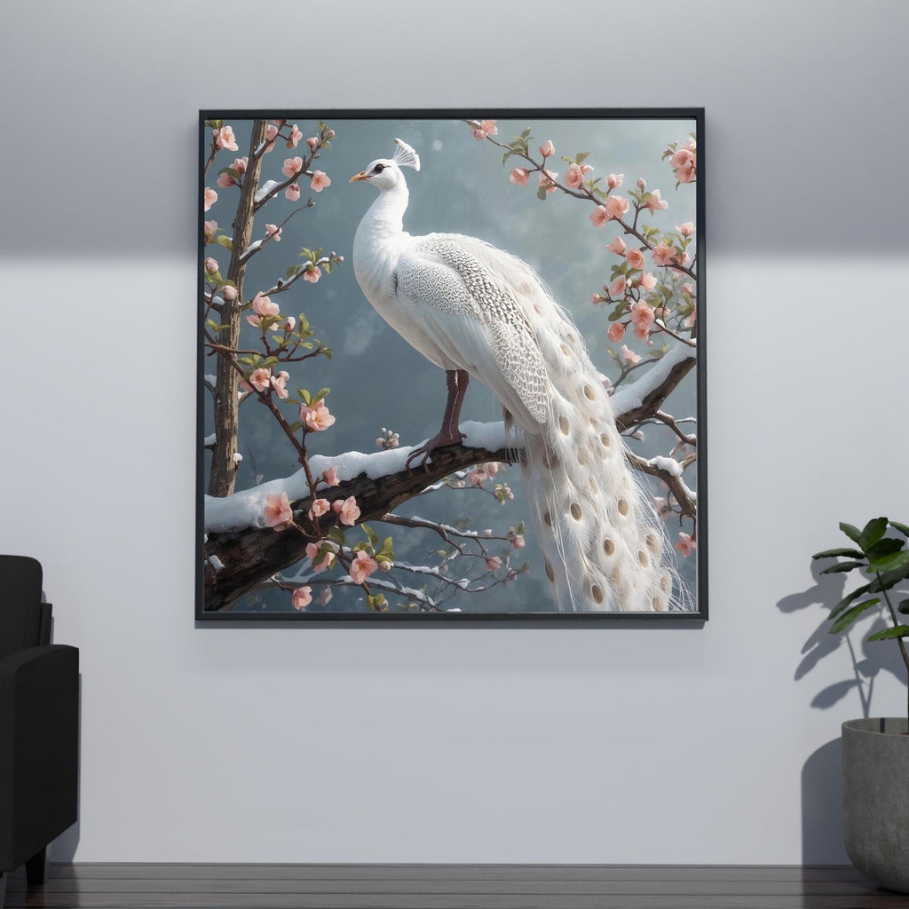 White Peacock in Snow Wall Art Printable Ethereal Winter Wildlife Fantasy Bird Elegant Minimal Nature Decor Digital Download