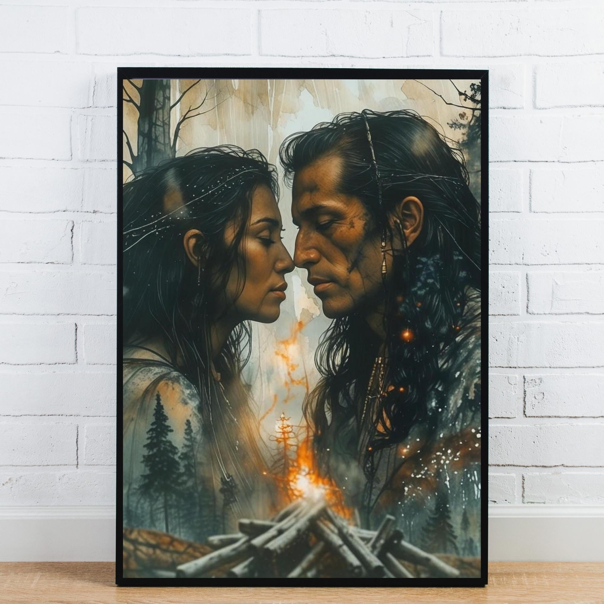 Native American Couple Portrait Wall Art Printable Twilight Pine Forest Landscape Cultural Heritage Inspired Digital Download