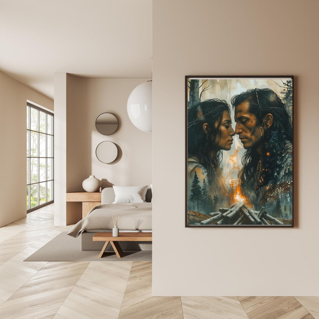Native American Couple Portrait Wall Art Printable Twilight Pine Forest Landscape Cultural Heritage Inspired Digital Download