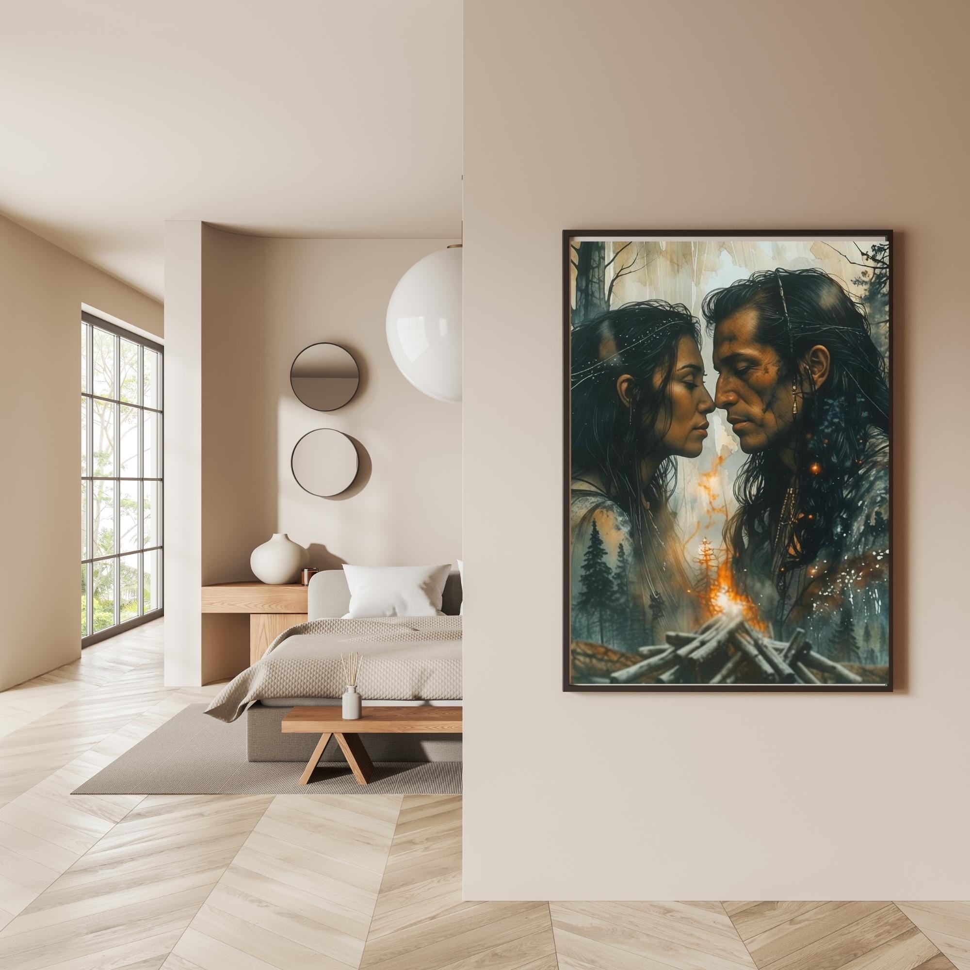 Native American Couple Portrait Wall Art Printable Twilight Pine Forest Landscape Cultural Heritage Inspired Digital Download