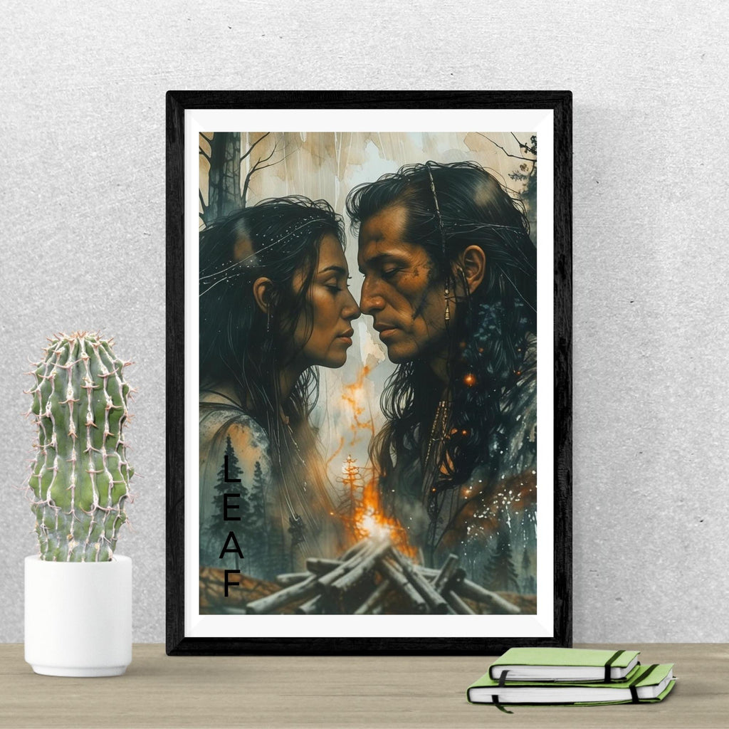 Native American Couple Portrait Wall Art Printable Twilight Pine Forest Landscape Cultural Heritage Inspired Digital Download