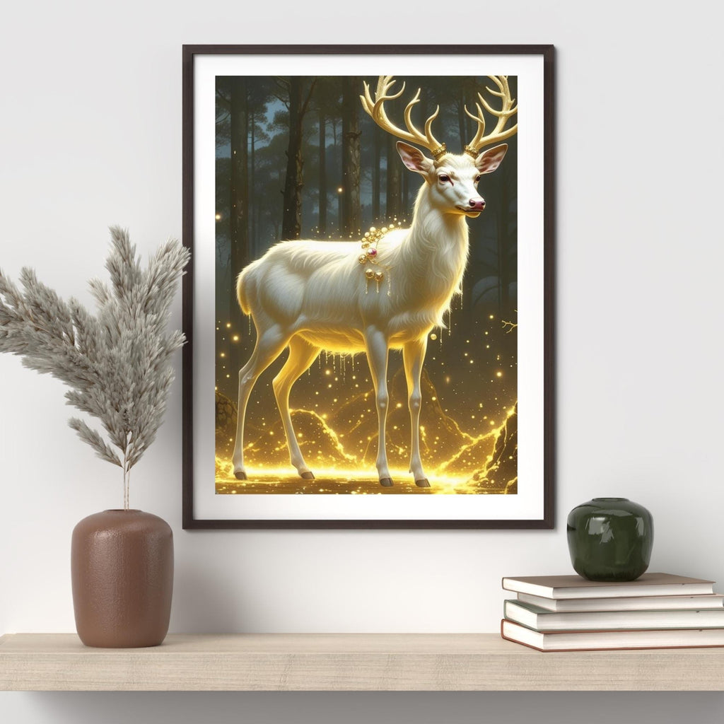 Jeweled Deer Winter Landscape Wall Art Printable Magical Forest Animal Fantasy Nature Art Modern Seasonal Decor Digital Download
