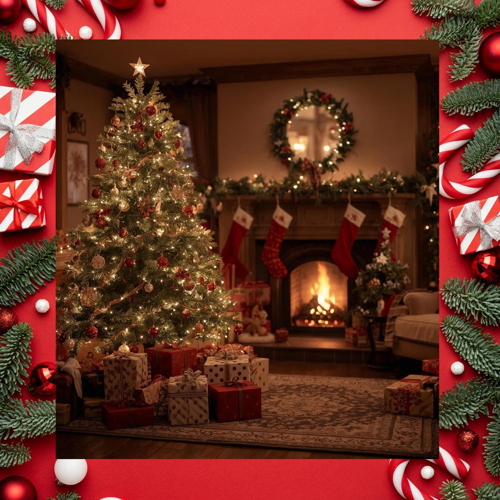 Christmas Tree Decorated Room Wall Art Printable Cozy Holiday Interior Festive Home Scene Digital Download