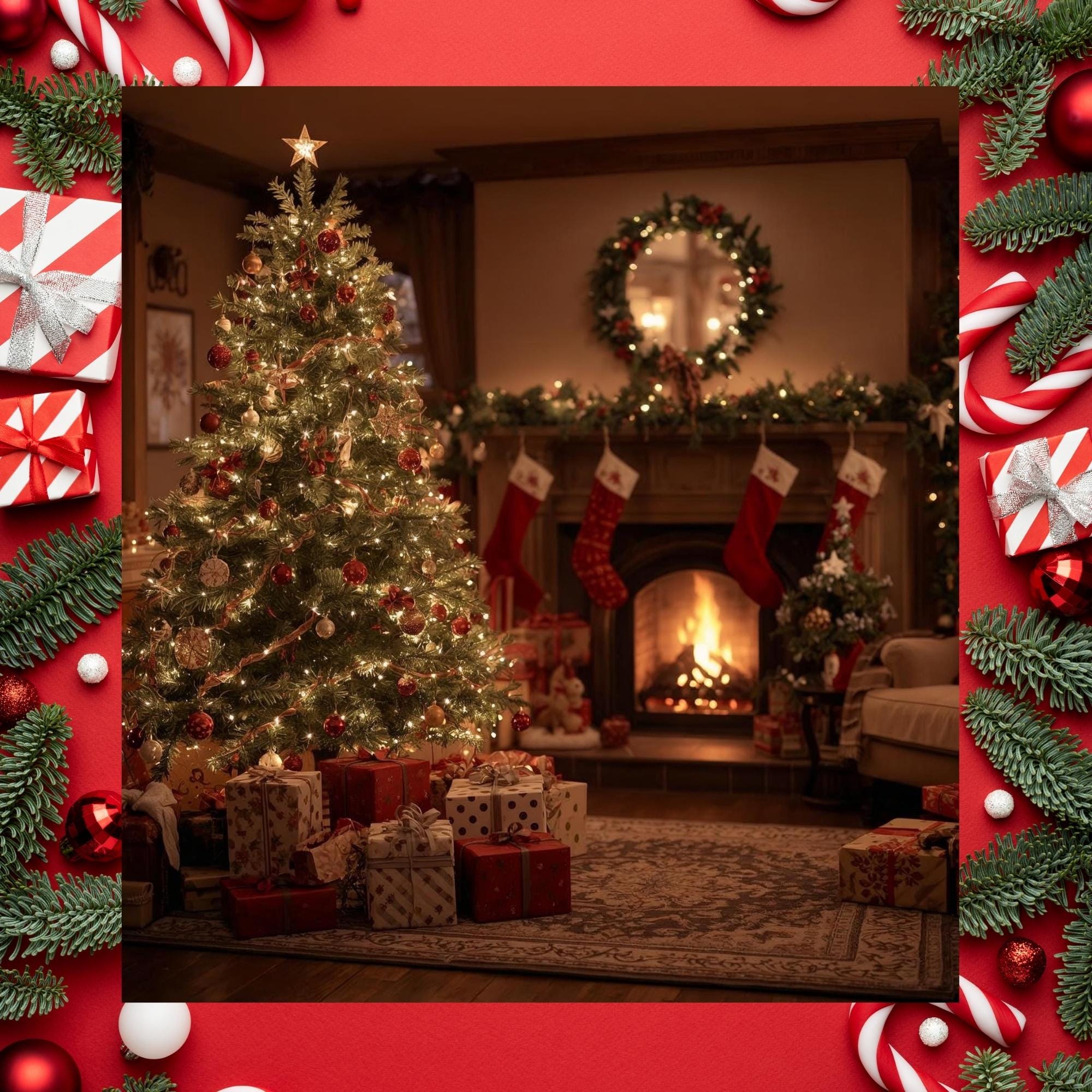 Christmas Tree Decorated Room Wall Art Printable Cozy Holiday Interior Festive Home Scene Digital Download